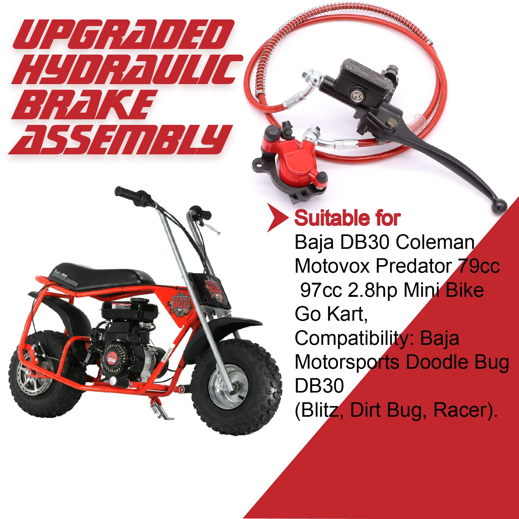 Upgraded Mini Bike Brake Kit Hydraulic Brake Assembly The Left Of The 7/8' Handlebars 50 Inch Hose Tube Master Cylinder Caliper For Predator 79Cc 97Cc 2.8Hp Baja Doodle Bug Db30 Blitz Dirt Bug Racer