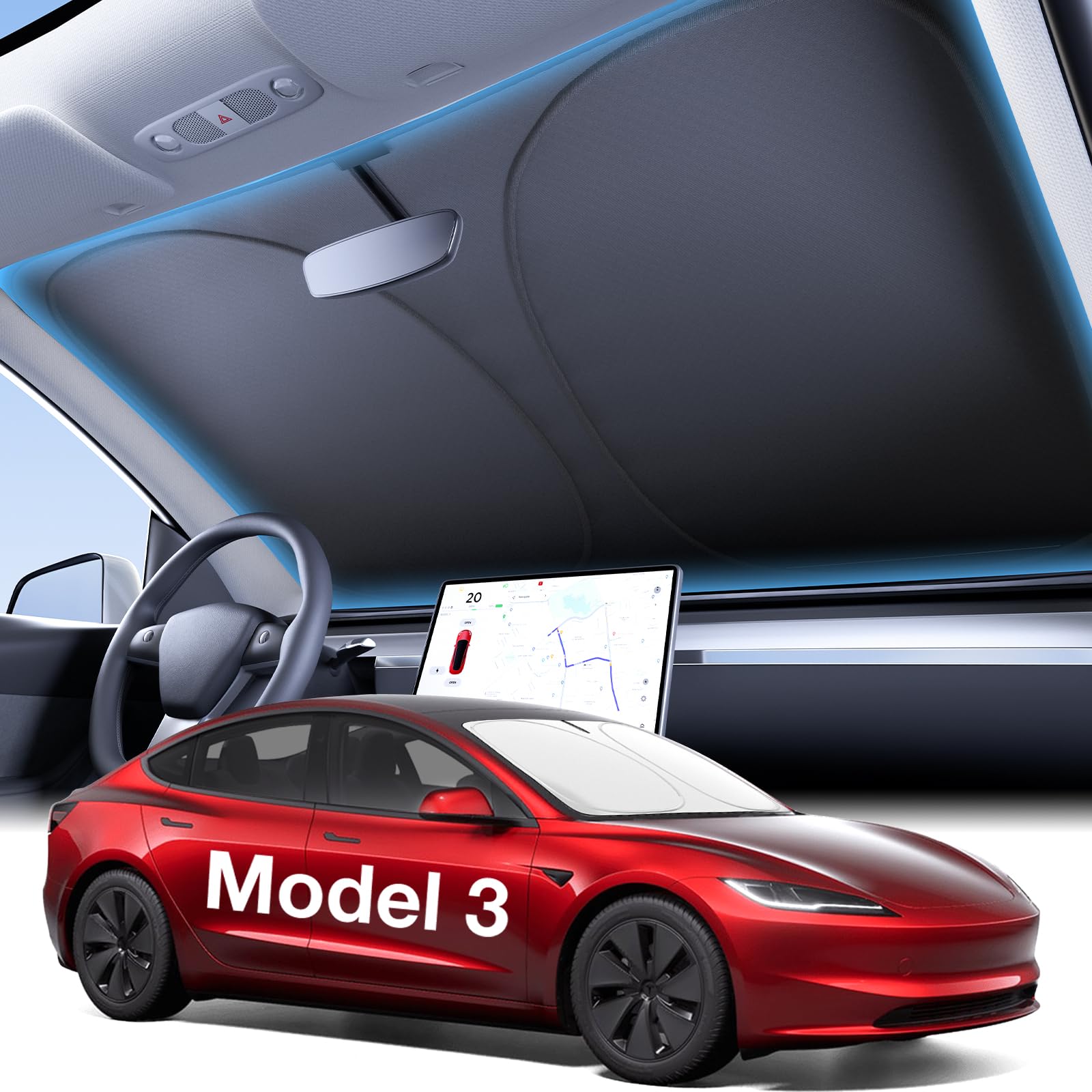 Wigoo 2025 Upgraded Accessories Tesla Model 3 Windshield Sunshade [Oem Design, 100% Sun Blockage] Foldable Heat Insulation Sun S