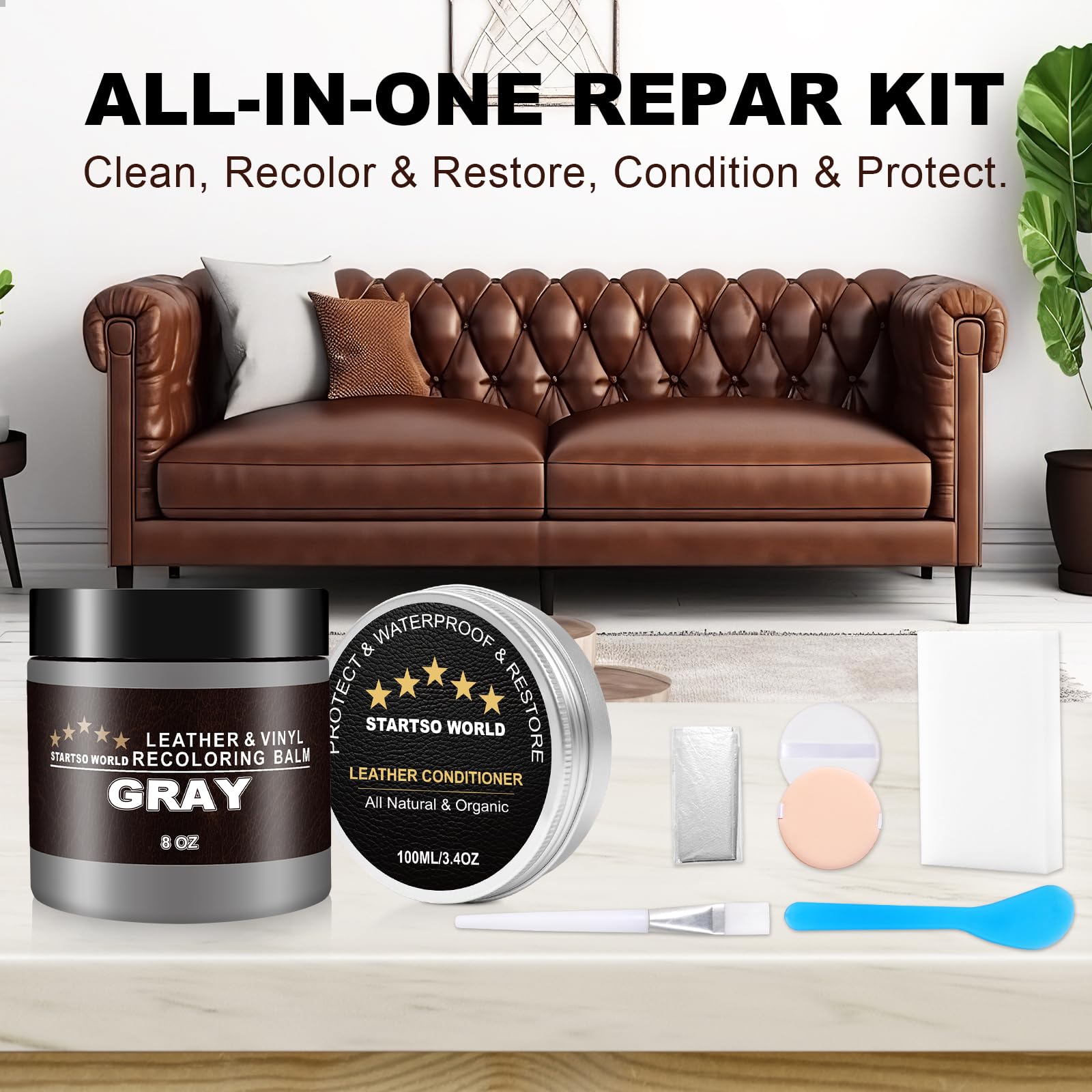 Startso World 200Ml Leather Recoloring Balm With 100Ml Leather Conditioner, Gray Leather Repair Kit For Furniture, Leather Dye,