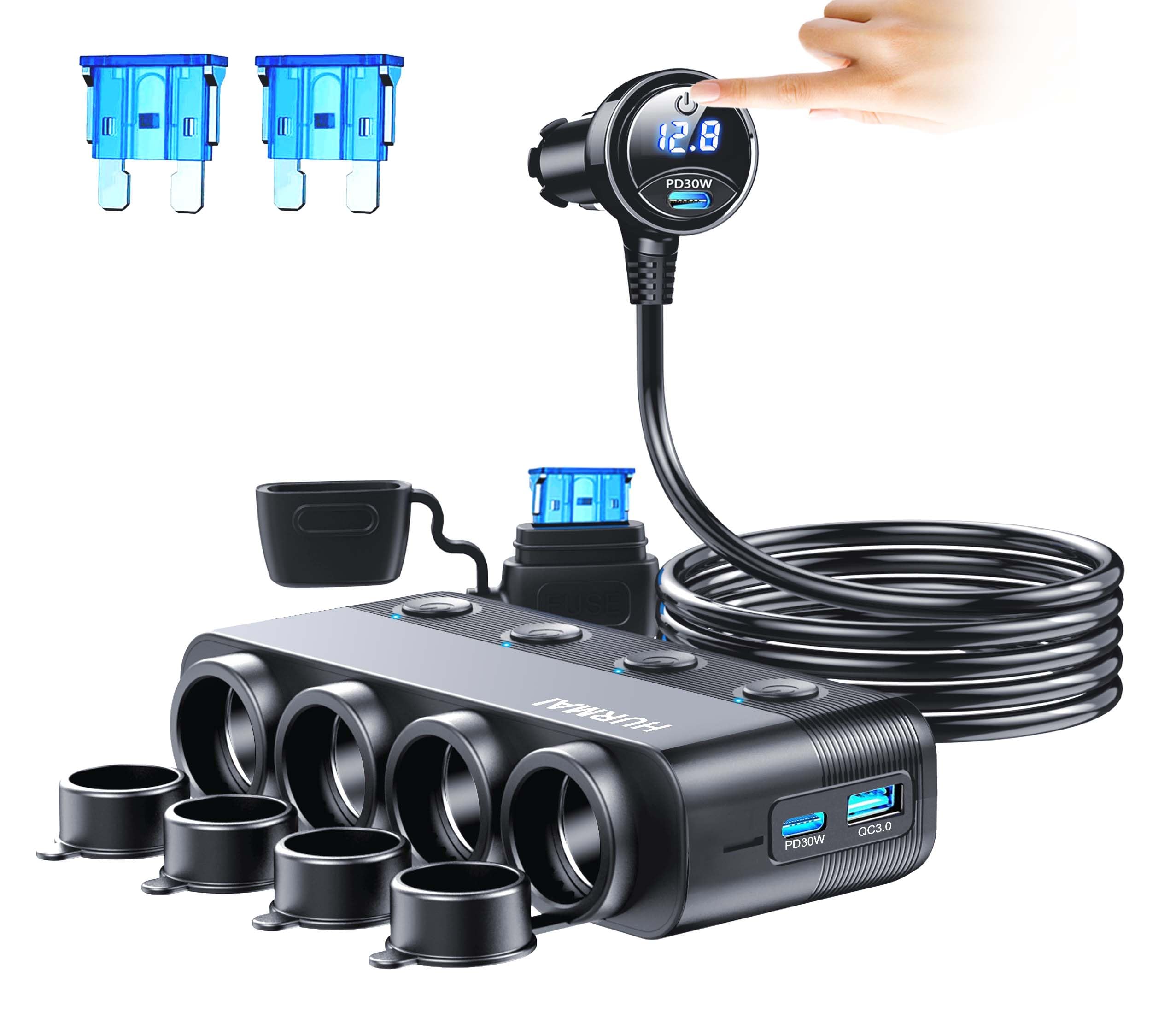 HURMAI Cigarette Lighter Splitter Adapter 216W 4 Socket Heavy Duty Truck Car USB Chager Multi Port with PD30W/QC3.0 Charge USB C