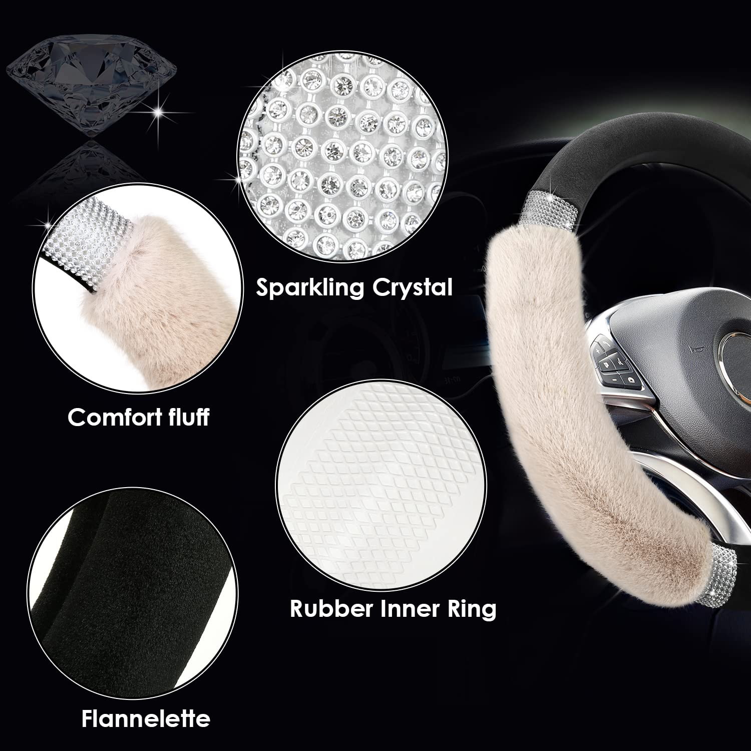Achiou Rhinestone Fluffy Steering Wheel Cover - Comfortable Non-Slip Luxury Faux Wool, Universal Fit For 14.5 '' To 15 '' Steeri