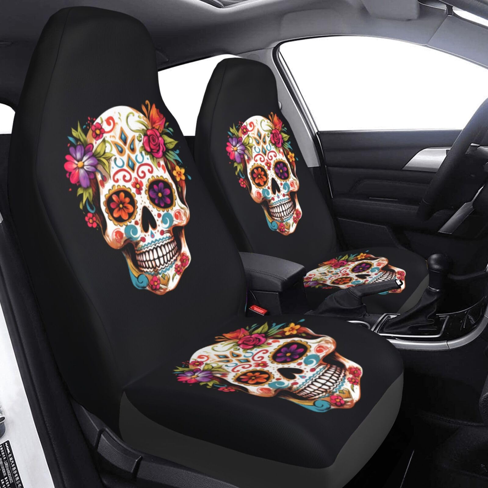Dujiea Sugar Skull Car Front Seat Covers 2 Pcs Universal Auto Seat Covers Front Seats Only, Vehicle Bucket Seat Protectors Fit f