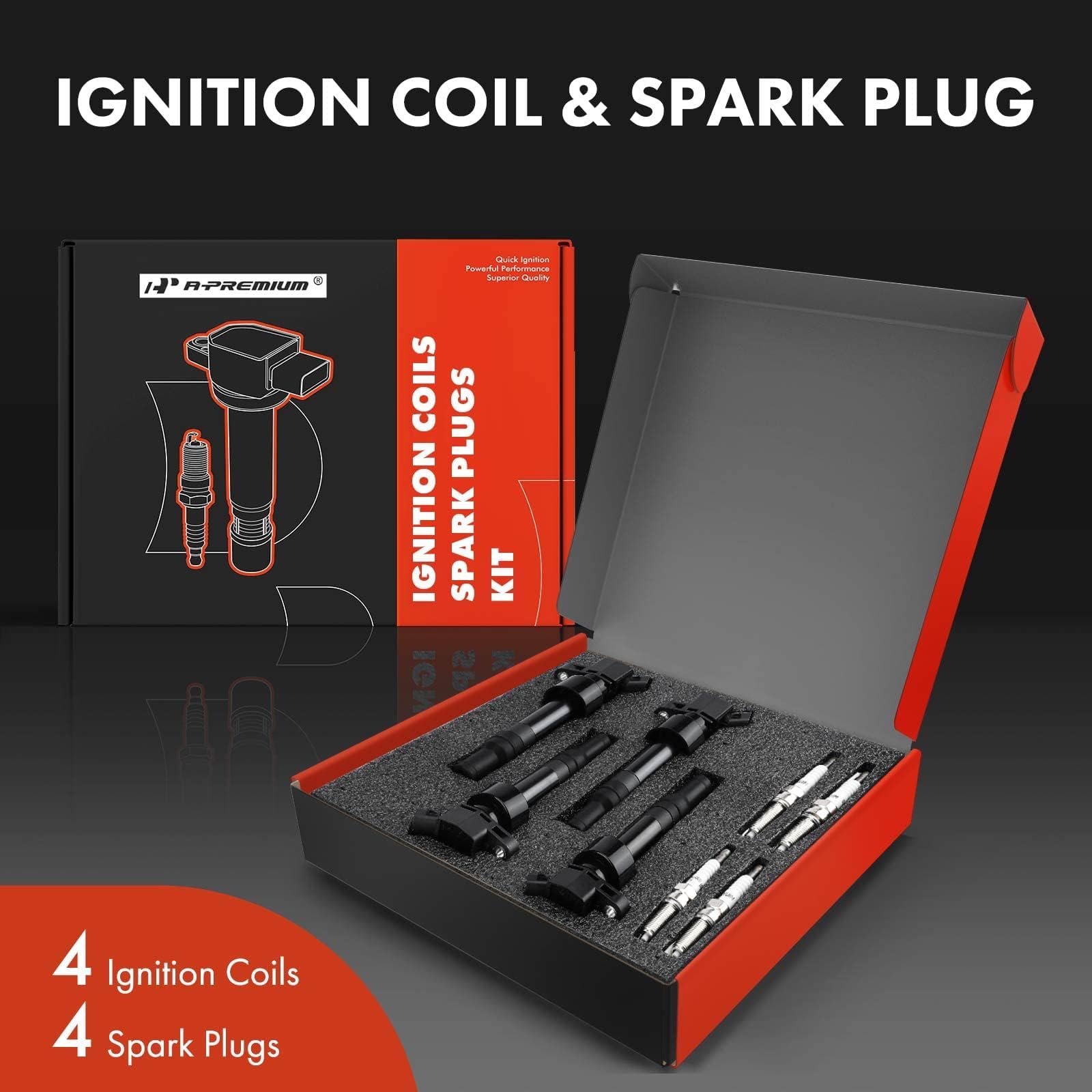 A-Premium Ignition Coil Pack & Iridium Spark Plugs Set for Hyundai Veloster 2012-2017, Accent, Kia Rio Soul 2012-2019, Black