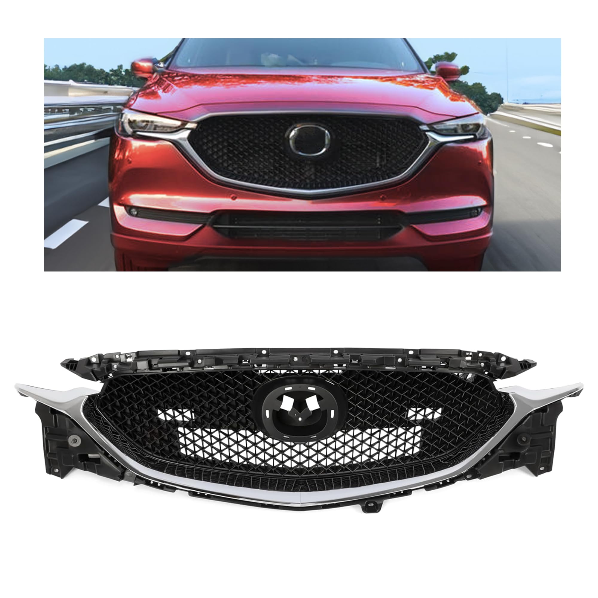 Hecasa Front Grille Compatible With 2017-2021 Mazda Cx-5 Cx5 Grill Assembly Grille Black+Silvery Chrome Plastic Replacemant For Kb8D-50-710J Ma1200215