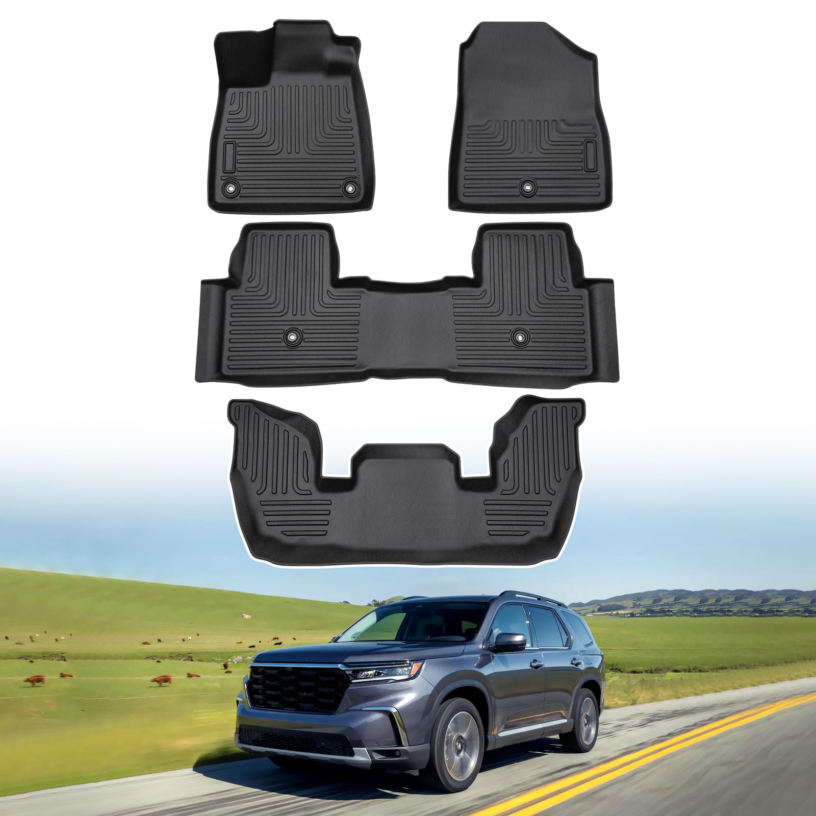 Powerty Floor Mats For 2023 2024 2025 Honda Pilot Accessories All Weather Floor Liner 3D Tpe 3 Row Floor Mat Heavy-Duty Floor Li