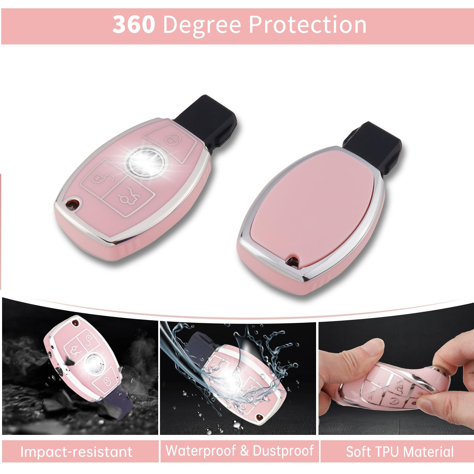 Pangpai Pink Key Fob Cover for Mercedes Benz, Soft TPU Key Case Protection with Bling Keychain Fit for C E S M CLS CLK G Class