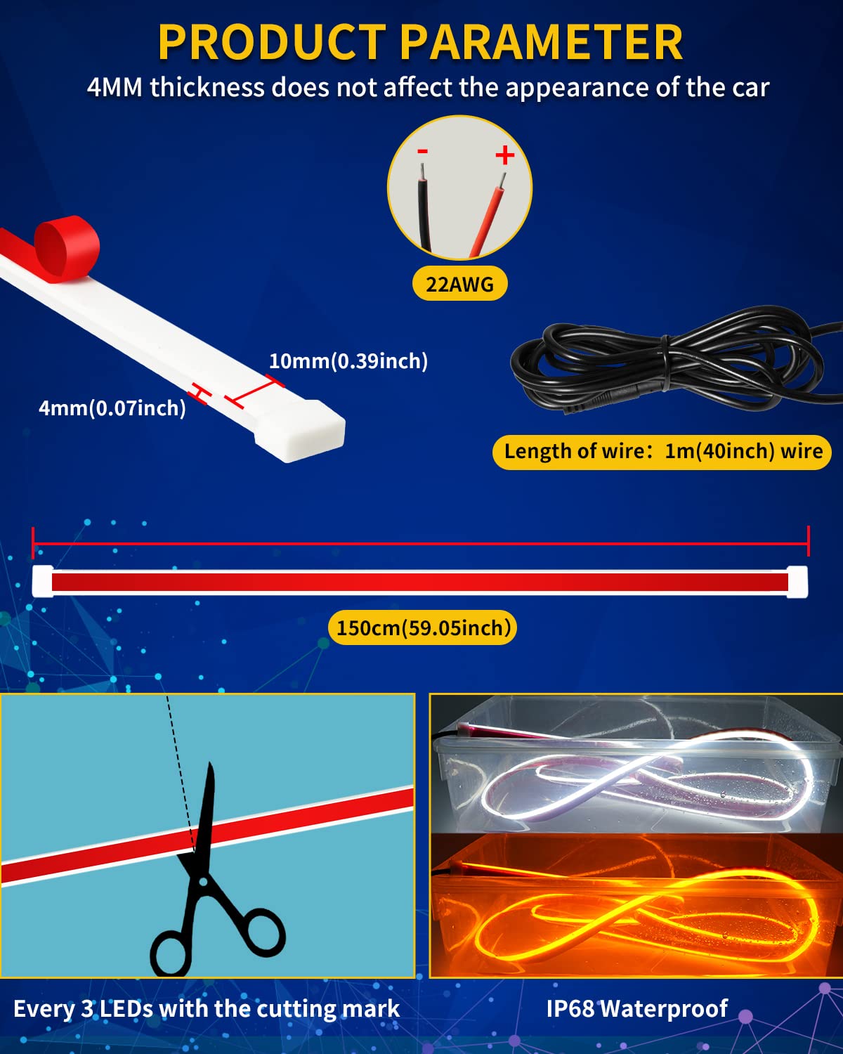 Exterior Car Led Hood Light Strip,Dual Color Dynamic Scan Start Up Hoodbeam Kit,Led Daytime Running Lights White&Amber Switchbac