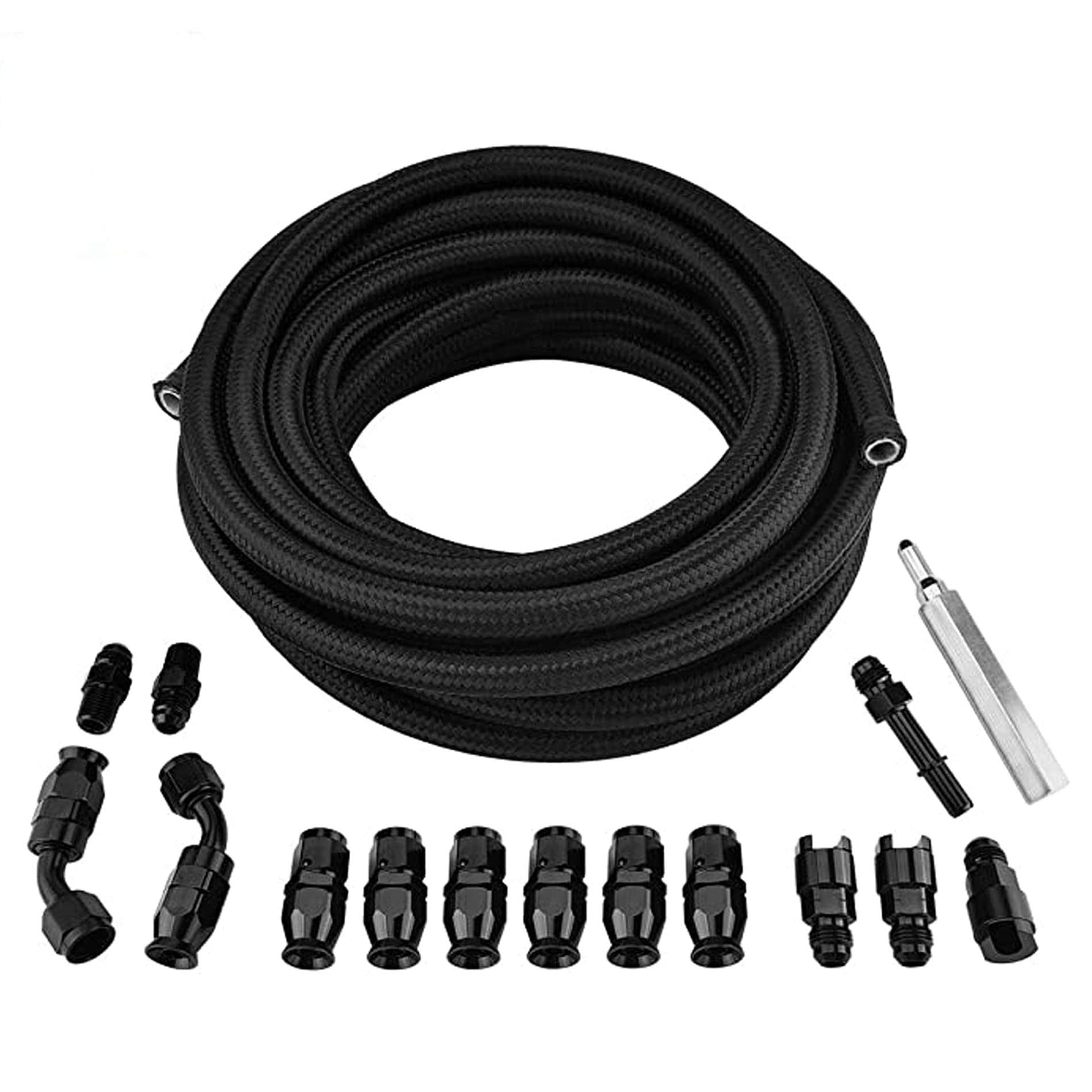 Evil Energy 6An 3/8' Ptfe Ls Swap Efi Fuel Line Fitting Kit, E85 Nylon Braided Fuel Hose 25Ft