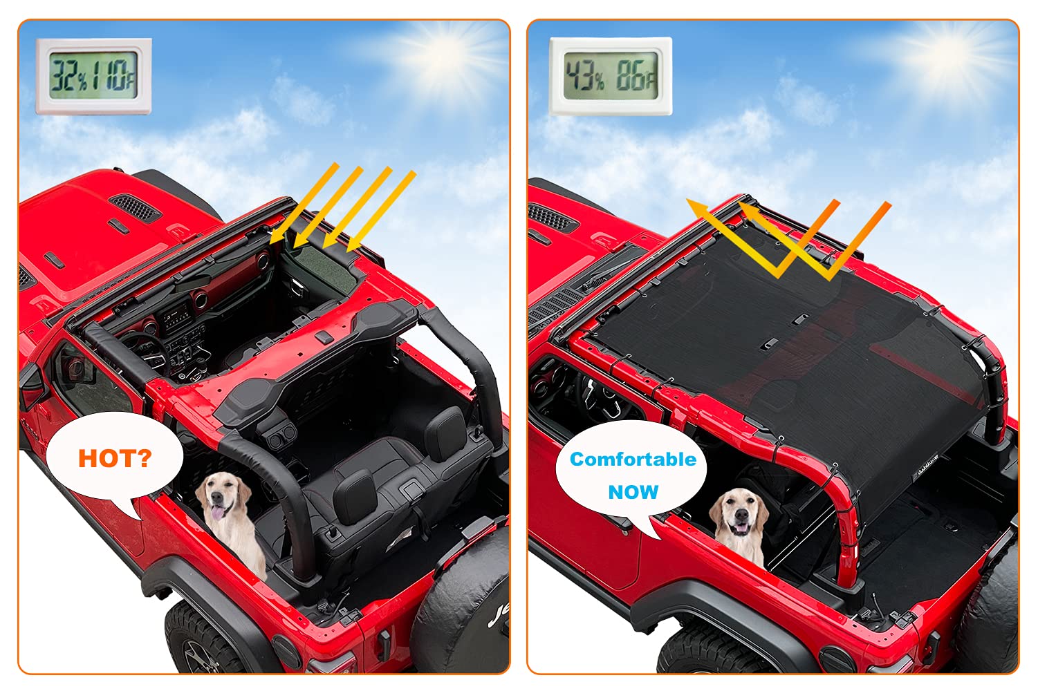 Shadeidea Top Sun Shade For Jeep Wrangler Jl (2018-2023) 2 Door Sunshade Front And Rear And Trunk - Black Mesh Screen Top Cover