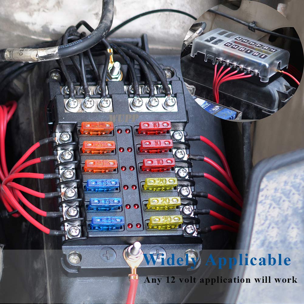 Wupp Boat Fuse Block, Marine Fuse Panel With Led Warning Indicator Damp-Proof Cover - 12 Circuits With Negative Bus Fuse Box Hol
