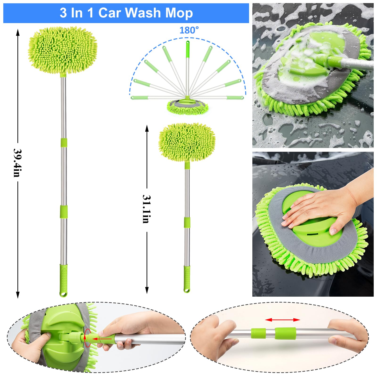 Autodeco 43Pcs Car Wash Detailing Kit Cleaning Kits With Foam Gun Sprayer Long Handle Mop Car Vacuum Drill Brush Large Wash Mitt