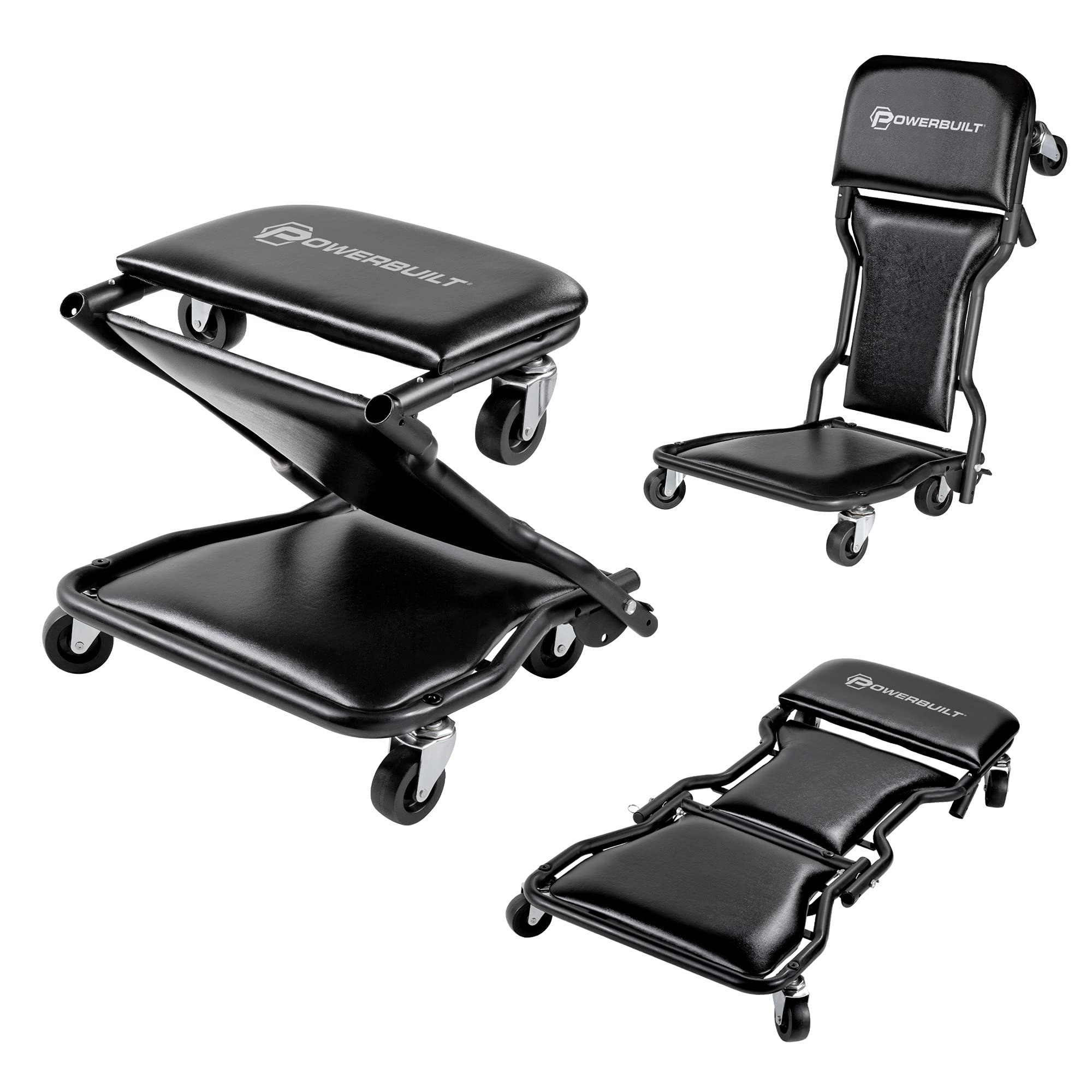 Powerbuilt 42-Inch Triplex Folding Creeper, Rolling Seat, and Brake Stool, All-in-One Adjustable Roller Garage Chair, Lay Down o
