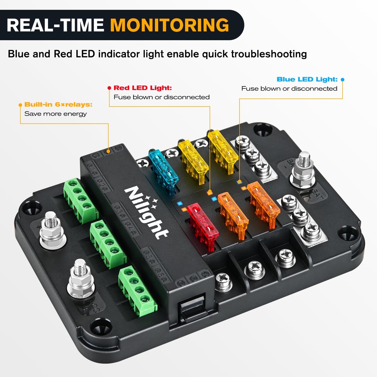 Nilight 6 Way Fuse Relay Block - 12V Blade Holder ATC/ATO, Waterproof Cover for Automotive, Cars, Motorcycles, RVs, Vans, Model 50224A