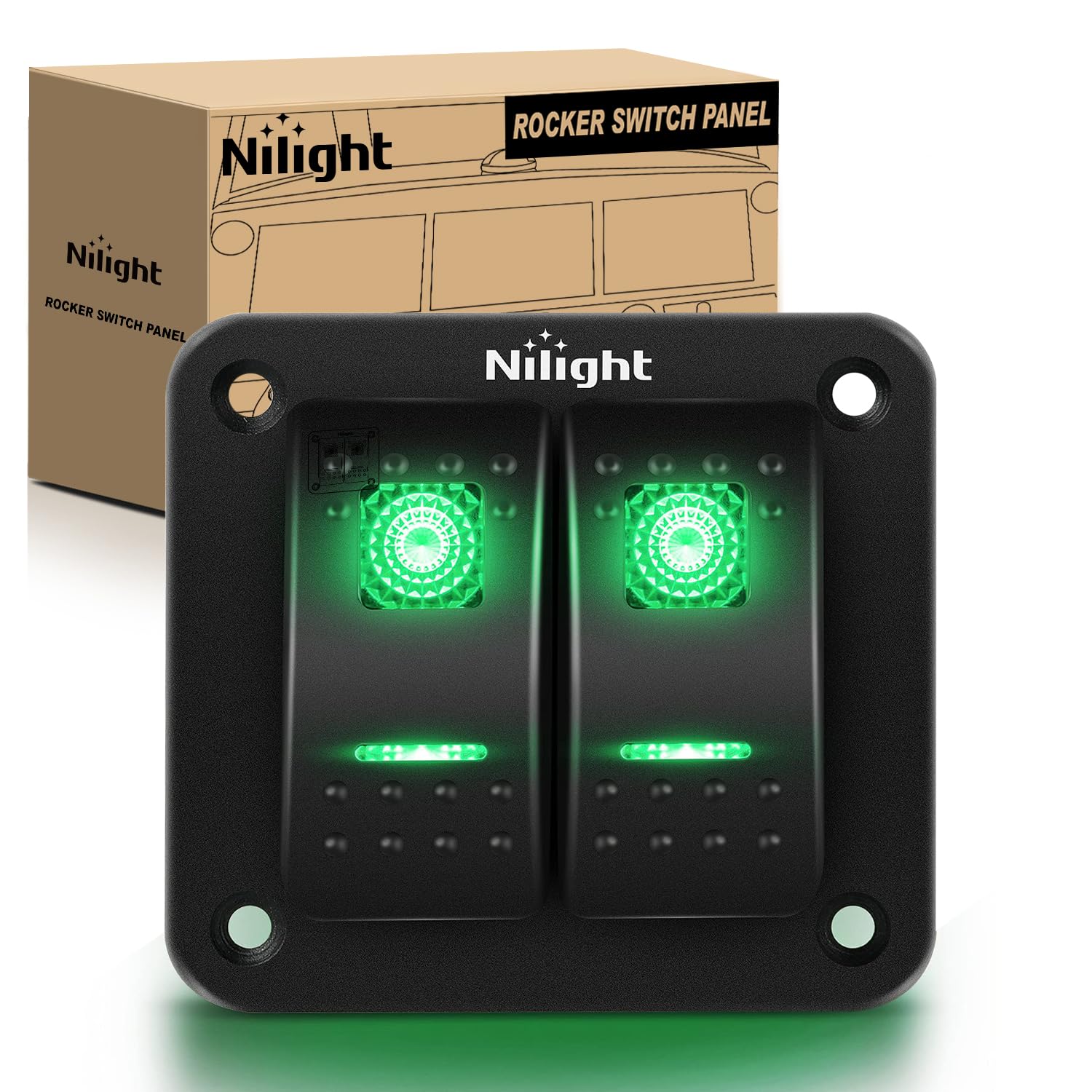 Nilight 2 Gang Rocker Switch Panel 12V 24V Dc Green Switches Aluminum Panel 5Pin On Off Prewired Toggle Switch Panel Waterproof 