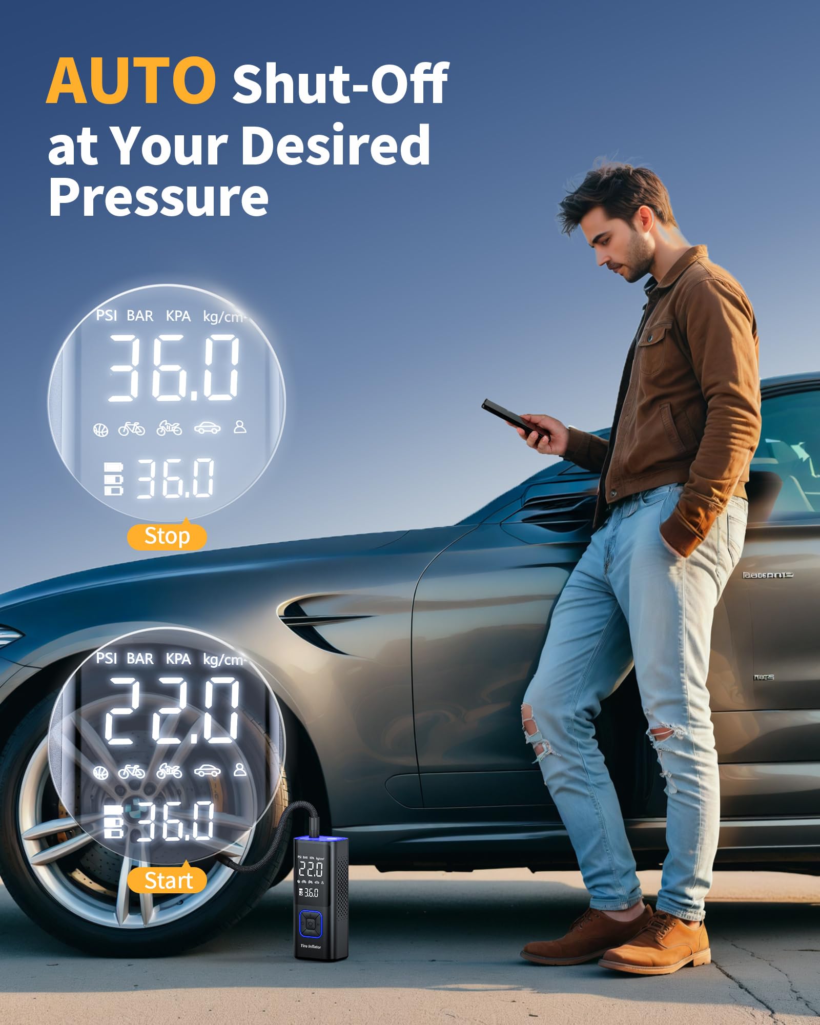 Powools Cordless Tire Inflator - 150PSI Air Compressor, Auto Shutoff, LED Light, Large, Blue, Model ATJ-6988
