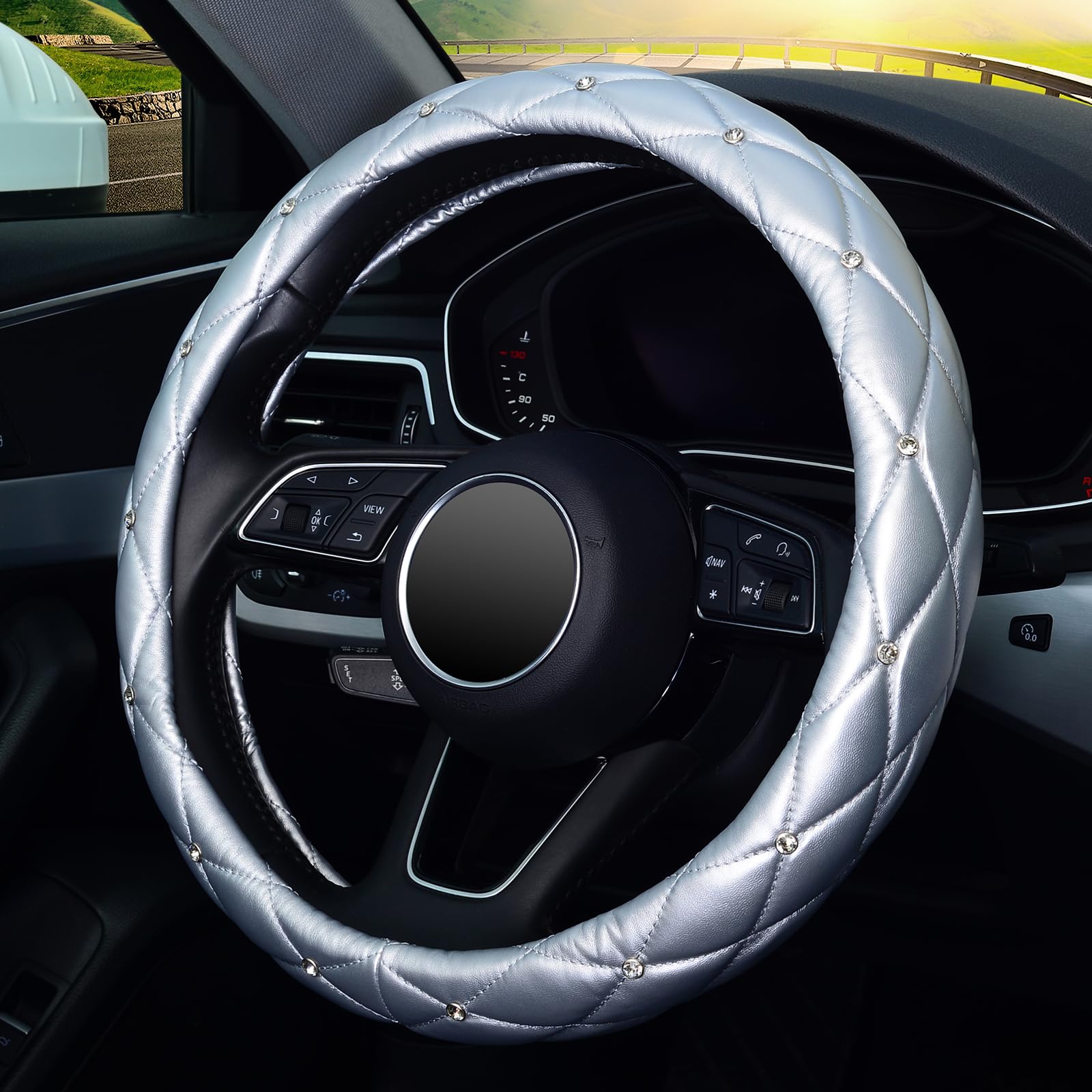 Kafeek Diamond Soft Leather Steering Wheel Cover With Bling Bling Crystal Rhinestones, Universal 15 Inch, Silver