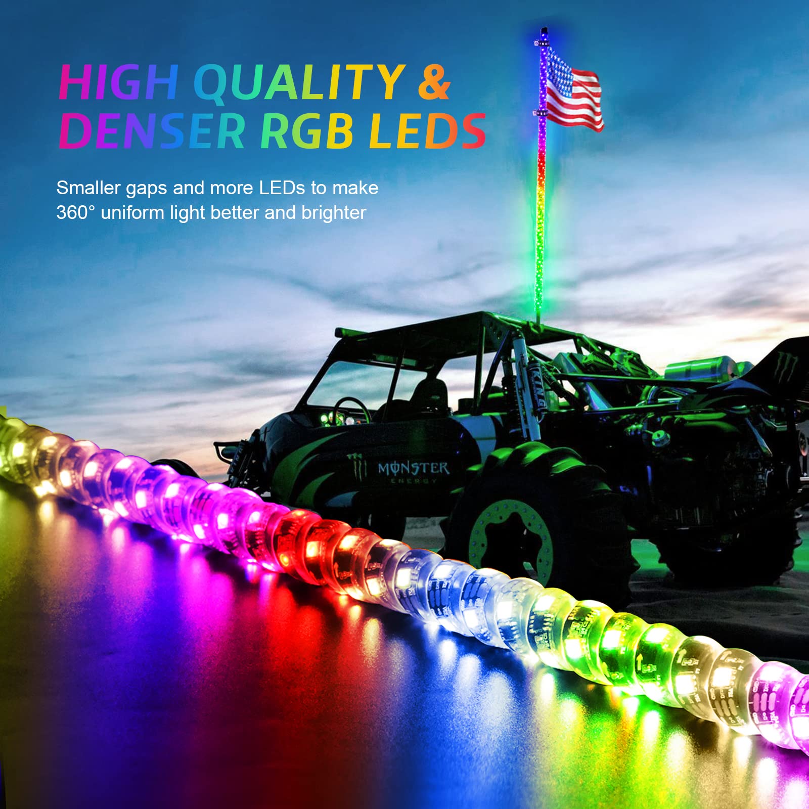 Ehaho LED Whip Lights - 4FT RGB Chasing Light, App & Remote Control, Spring Base, 2 Pack, Model EH4FT2