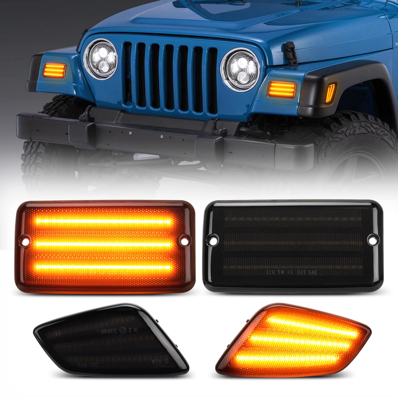 Suparee Led Front Turn Signal Lights And Led Side Marker Lights For Jeep Wrangler Tj 1997-2006, Amber Parking Light Drl And Amber Turn Signal, Smoked Lens 4Pcs