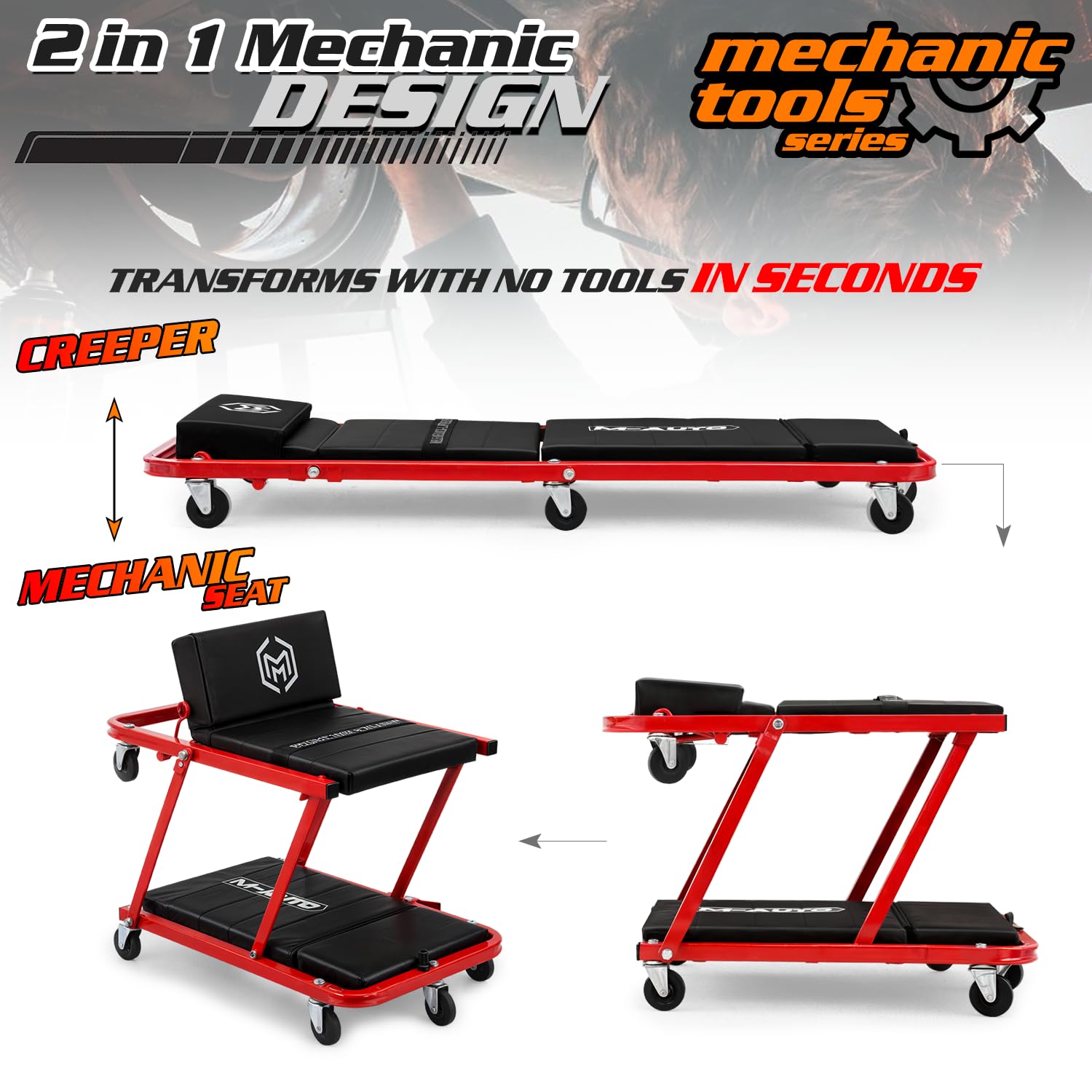 M-AUTO Heavy-Duty Convertible Mechanic Creeper & Seat, 48" Red, 2-in-1 Z-Creeper with Adjustable Headrest & 7 Swivel Casters