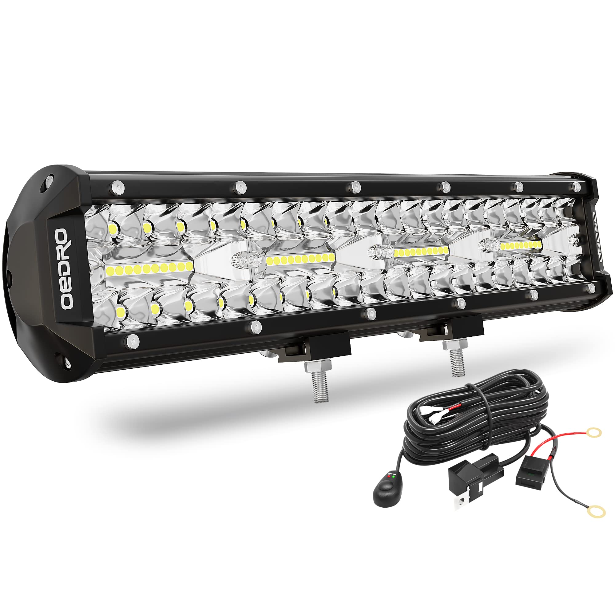 Oedro 12 Inch Led Light Bar 300W - Tri-Row Spot Flood Combo Led Work Light 25200Lm + Wiring Harness, Ip68 Off Road Driving Fog L