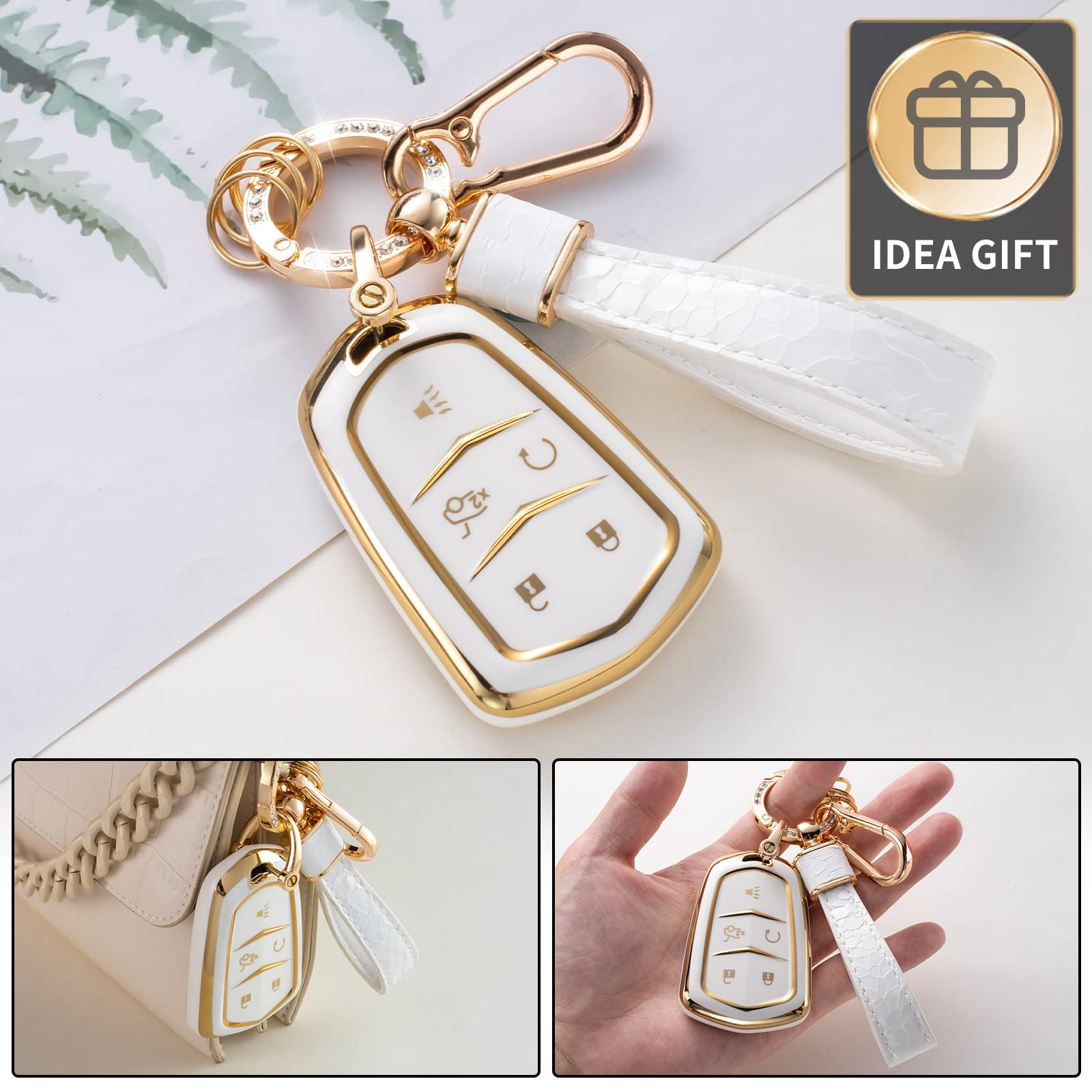 Cacarlike For Cadillac Key Fob Cover With Cadillac Keychain, Car Key Fob Case Compatible With Cadillac Escalade Cts Srx Xt5 Ats