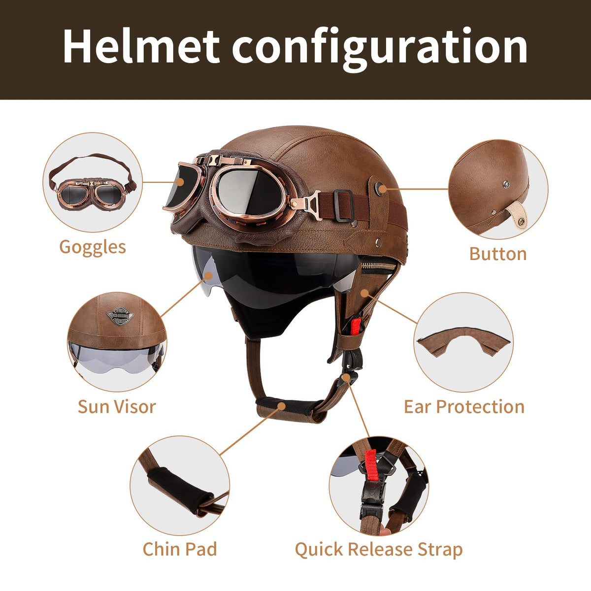 Lutcaut German Style Leather Motorcycle Half Helmet, DOT Approved, X-Large, Brown, Model L507M, Includes Goggles
