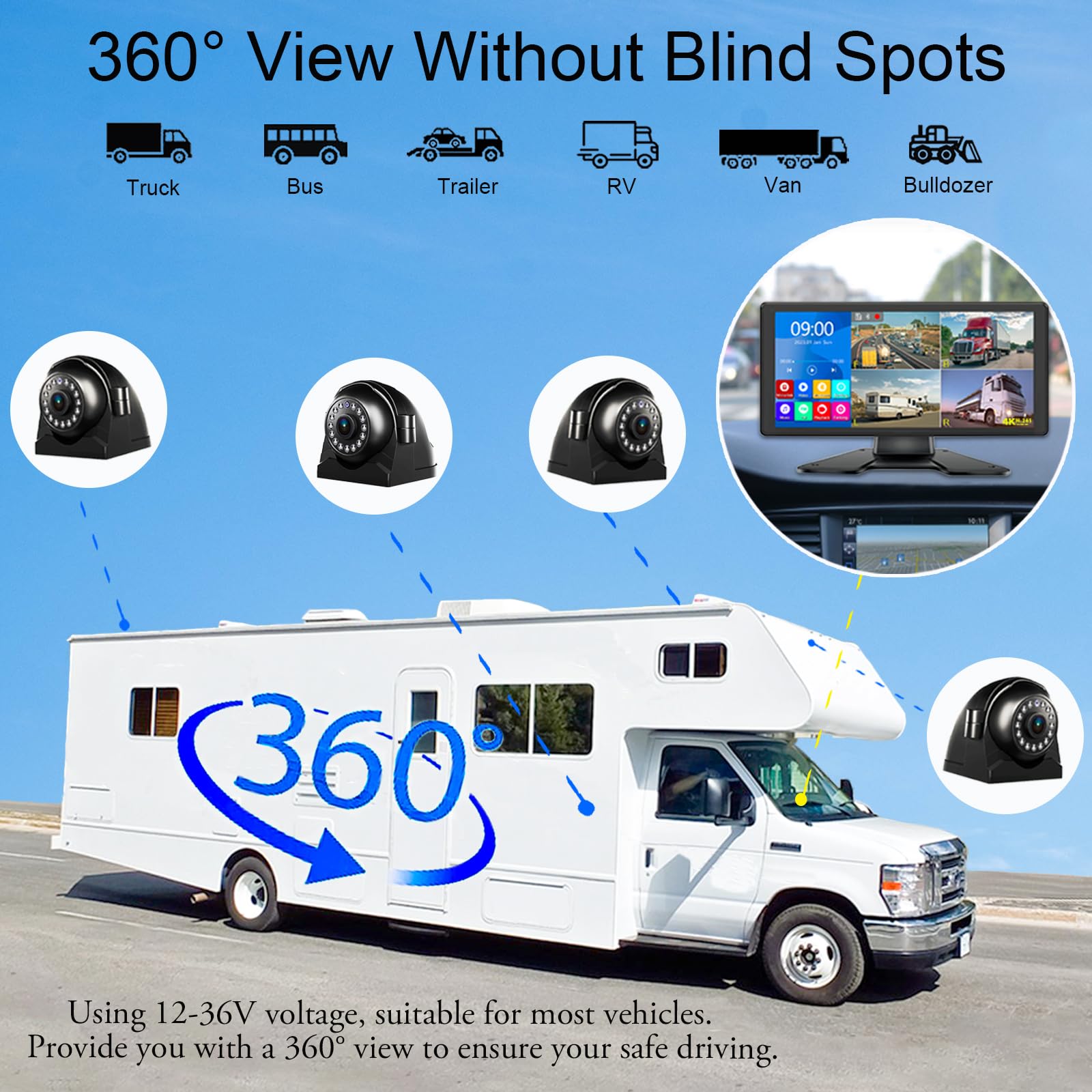 4K Rv Backup Camera System 10.36'' Quad Split Touch Screen Monitor With 4 1080P Rear Side View Camera, Dvr Recording Bluetooth M