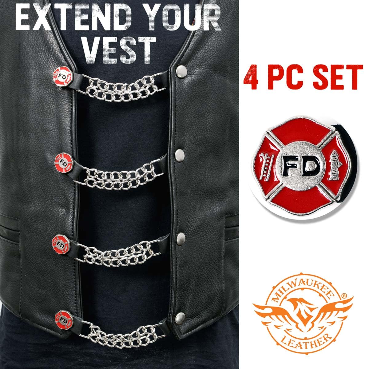 Milwaukee Leather Fire Department Medallion Vest Extender - Double Chrome Chains Genuine Leather 6.5'' Extension 4-PCS MLA6012SE