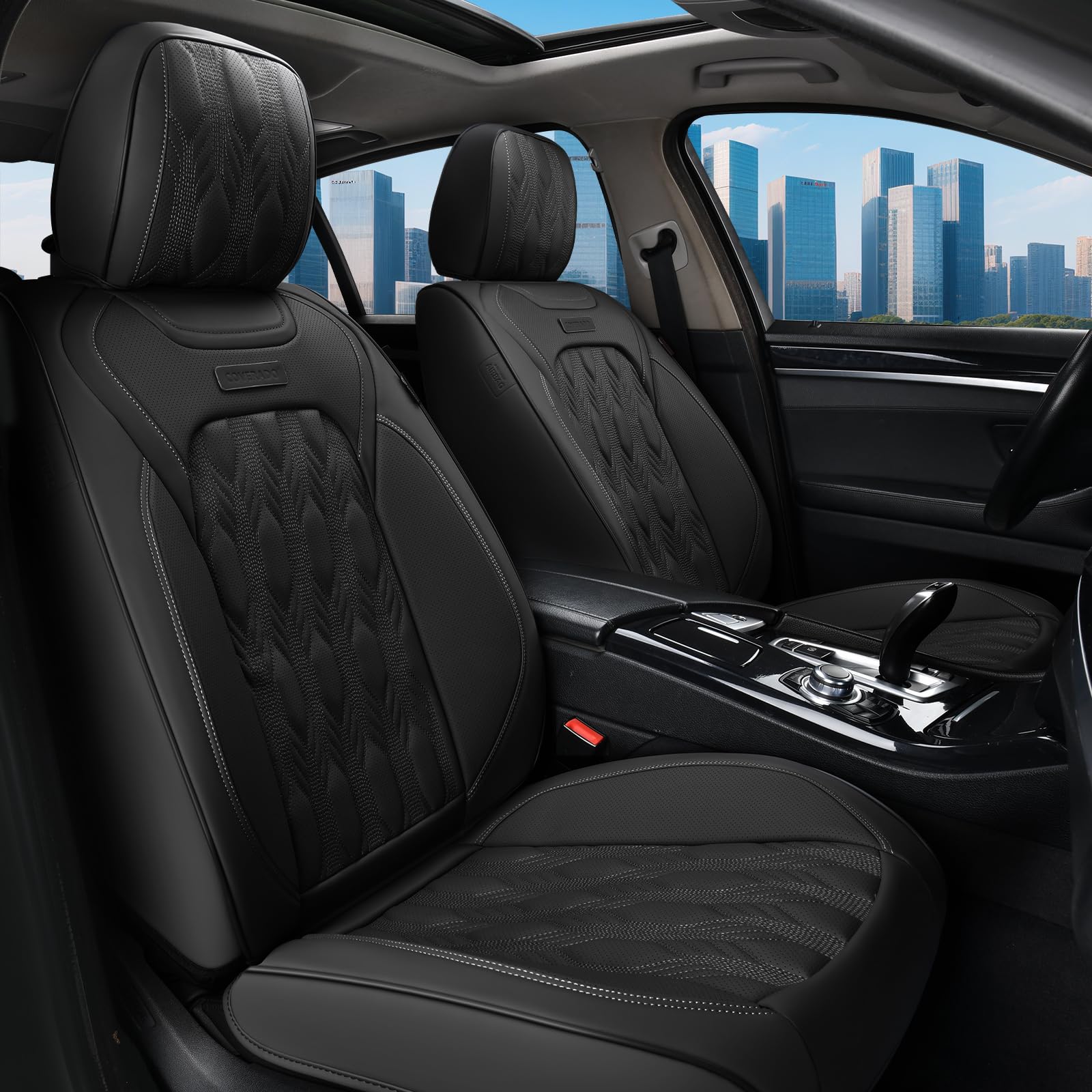 Coverado Car Seat Cover, Black Luxury Seat Cover For Cars, Premium Nappa Leather Seat Covers Full Set With Embossed Pattern, Wat