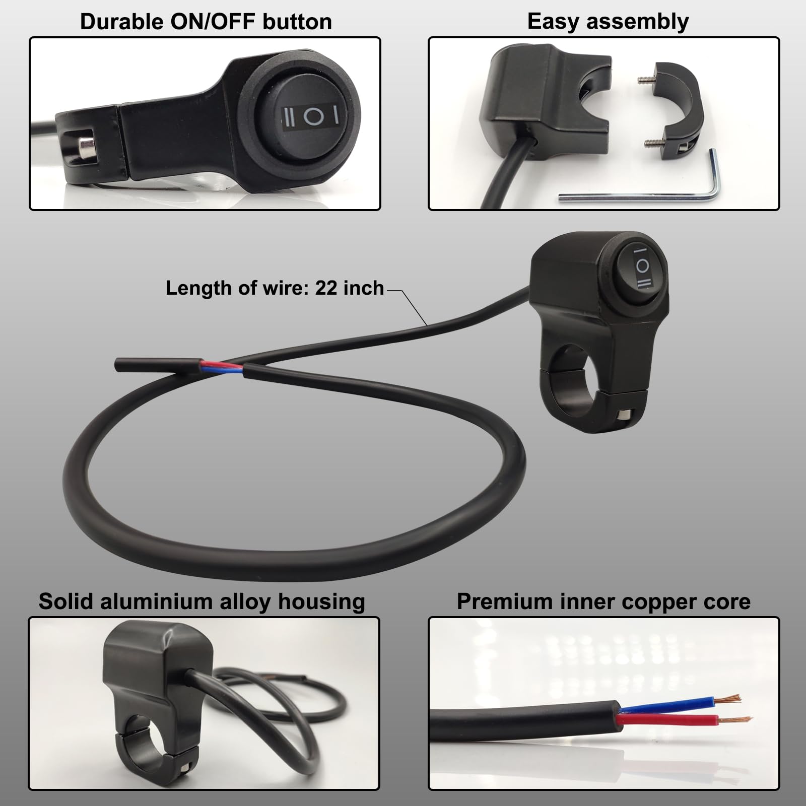 Autqva Handlebar Switch 7/8' For Motorcycle, On-Off-On Light Switch With Black Push Button And Solid Aluminium Alloy Base, 12V Atv Control Switch For Dirt Bikes, Pack Of 2Pcs