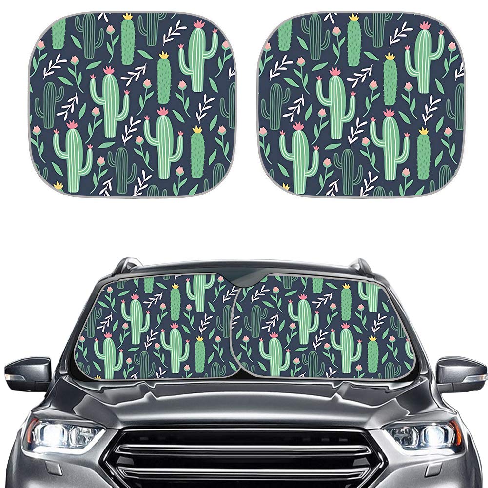 Renewold Green Cactus Print Car Windshield Sunshade Front Window Sun Visor Foldable Cool Sun Visor Shield Car Sunshade Cover Bab