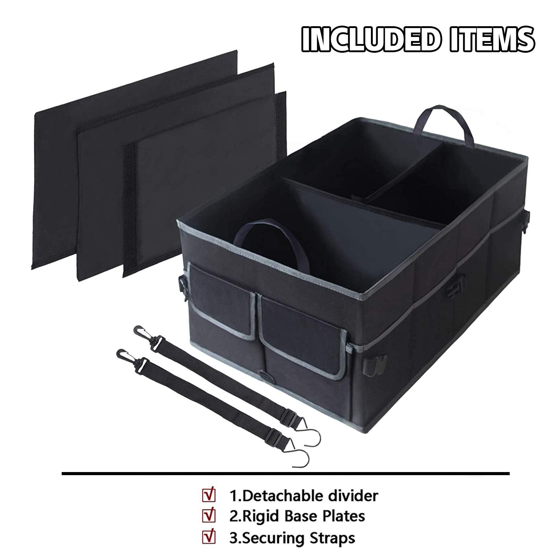 Uyye Auto Trunk Organizer,Compartments Collapsible Durable For Cargo Storage, Interior Accessories With Adjustable Securing Straps And Non-Slip Bottom For Car