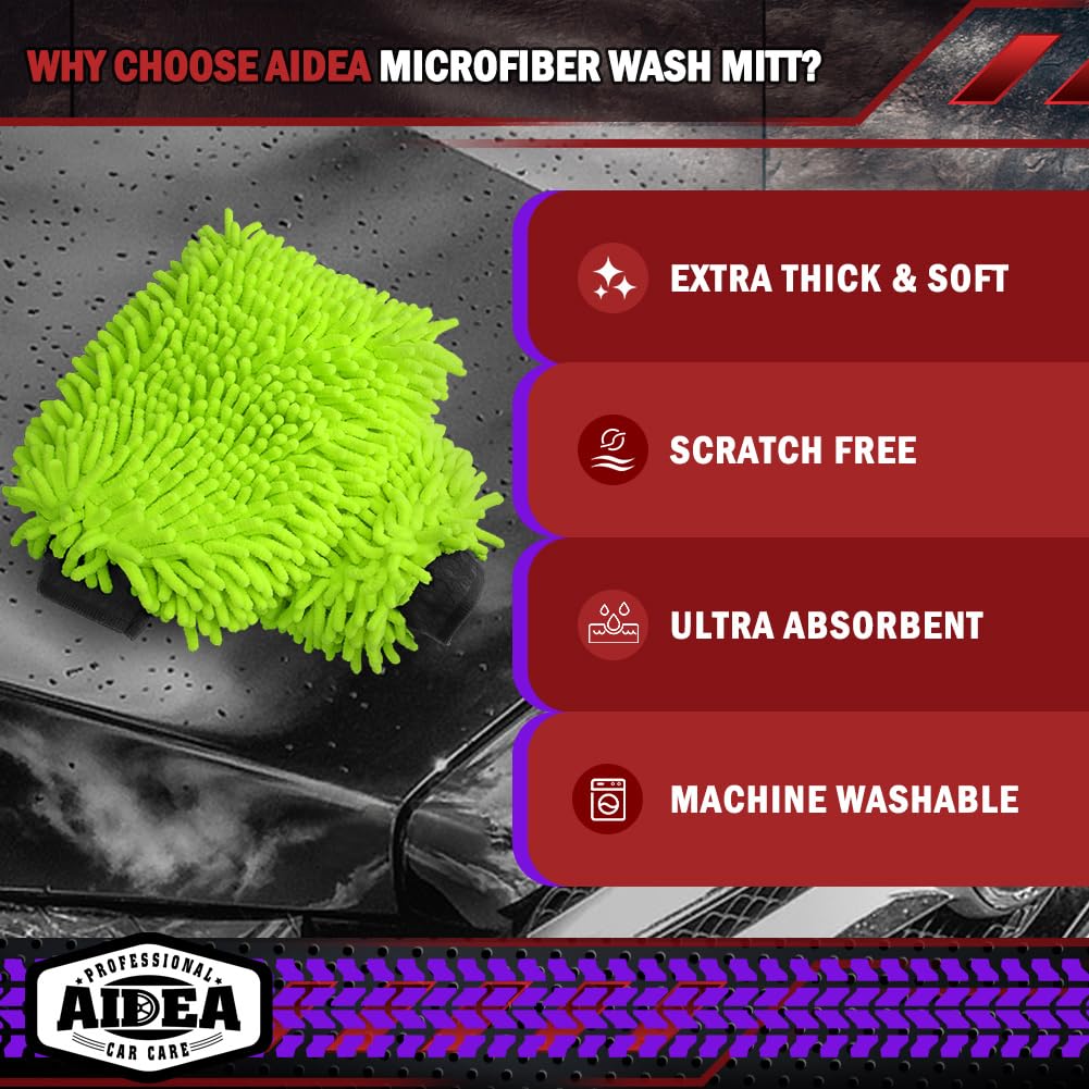 Aidea Car Wash Mitt Microfiber, 2Pk Scratch Free Lint-Free, Premium Chenille Microfiber Mitt Car Wash Brush, Green, Regular Size