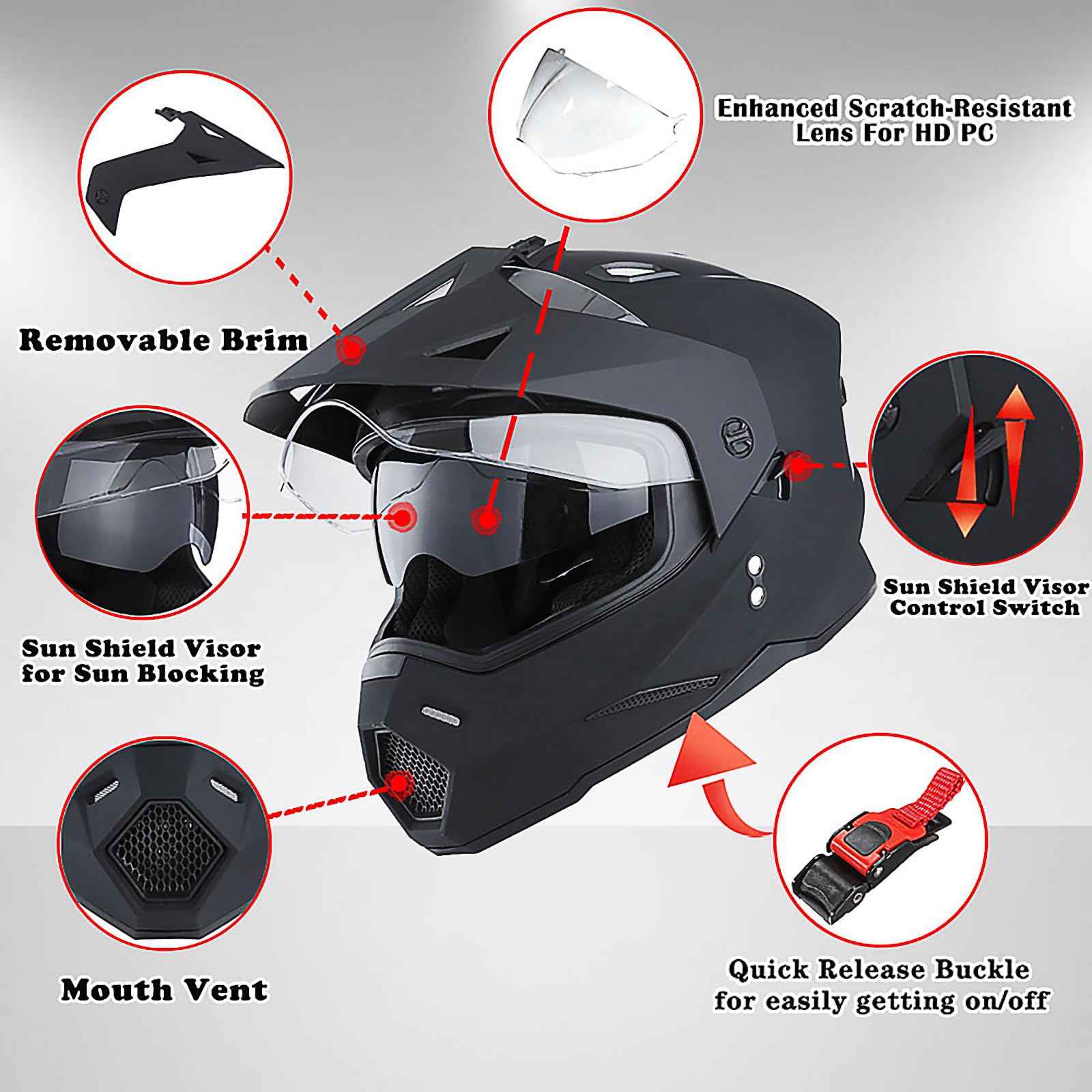 1Storm Youth Kids Dual Sport Dual Visor Motorcycle Motocross Off Road Full Face Helmet: Hf802Youth Matt Black