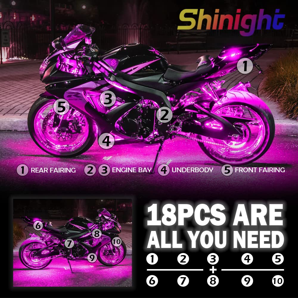 Shinight 18 Pcs Motorcycle Led Light Kits, App Control Multicolor Waterproof Motorcycle Led Strip Lights With Rf Remote, Music S