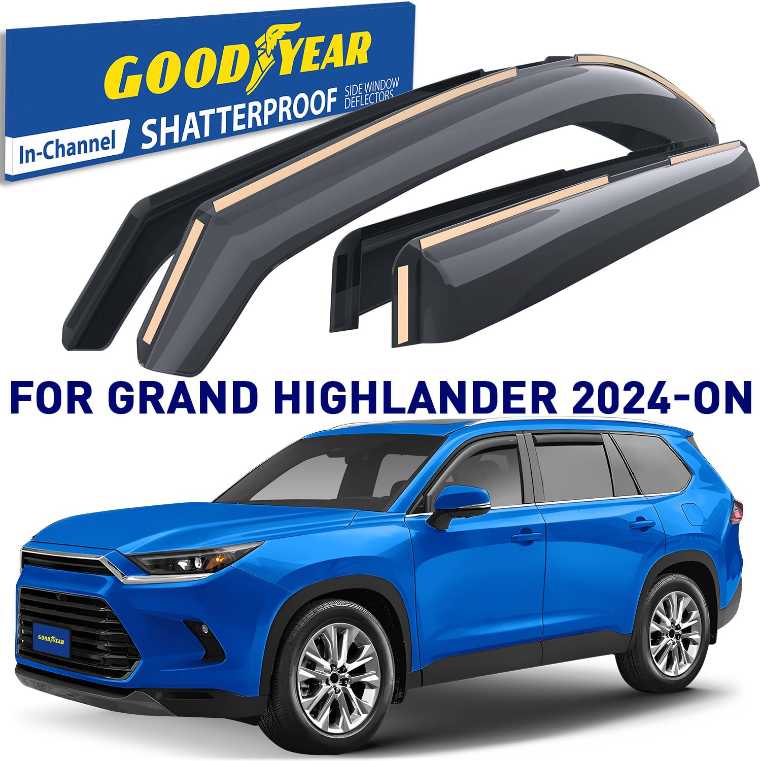 Goodyear Shatterproof In-Channel Window Deflectors For Toyota Grand Highlander 2024-2025, Rain Guards, Window Visors For Cars, V