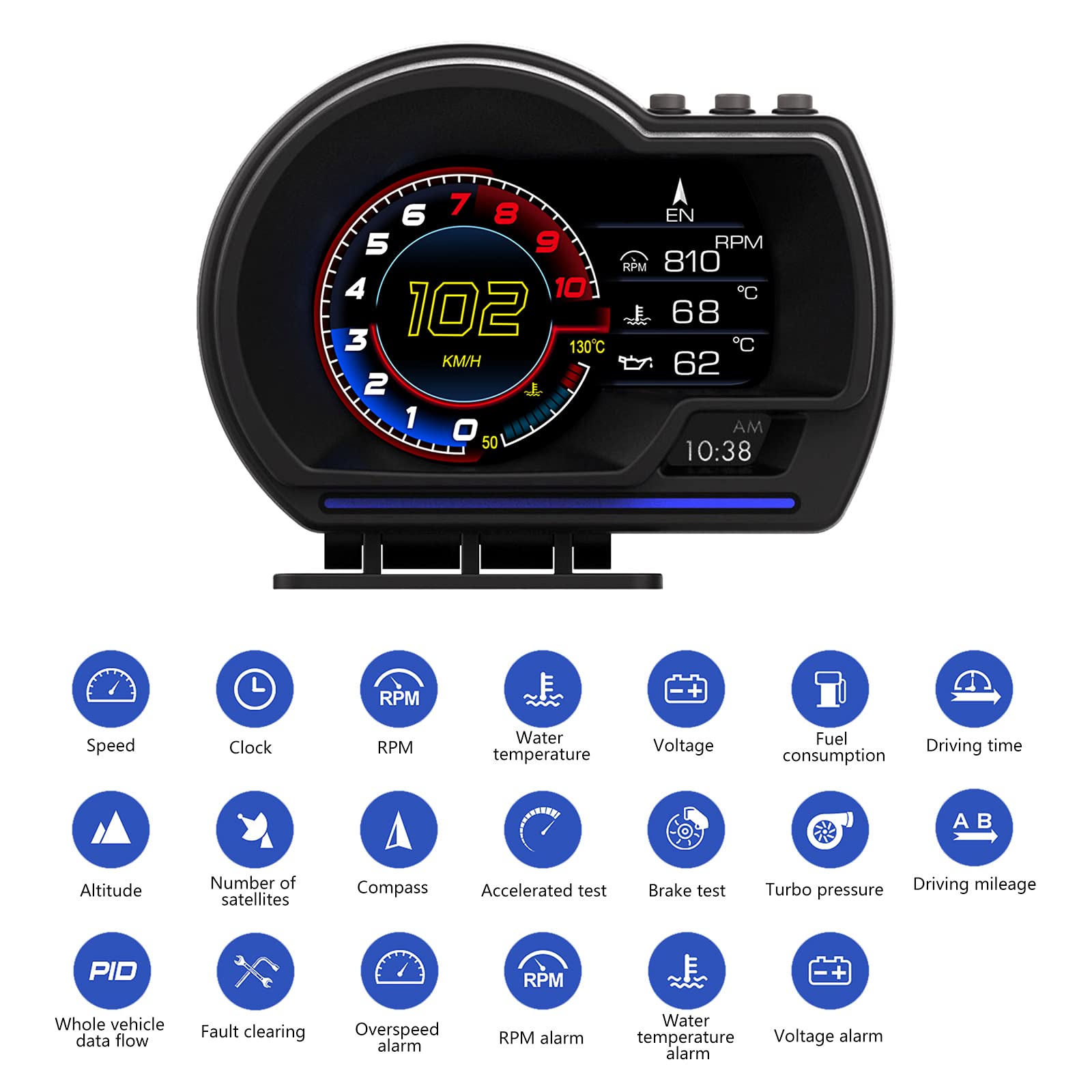 MH Head Up Display, OBD2+GPS Dual System, Speedometer, Tachometer, Water Temp, Volt, Overspeed Alarm AUTO Gauge Fault Diagnosis