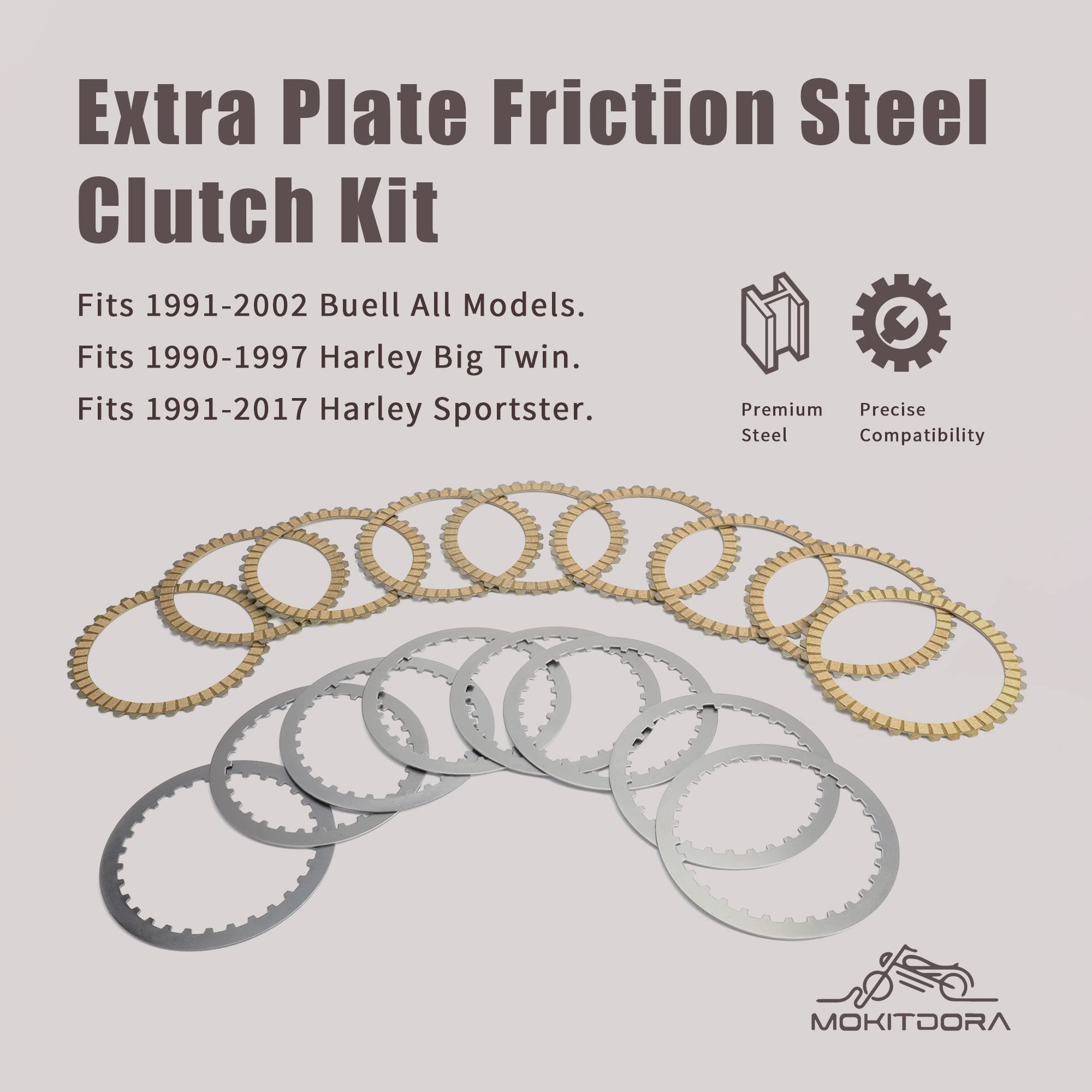 Mokitdora Extra Clutch Plate Friction Steel Clutch Kit Compatible With 1991-2017 Sportster 1990-1997 Harley Big Twin 1991-2002 Buell All Models 17 Pcs Big Twin Clutch Kit