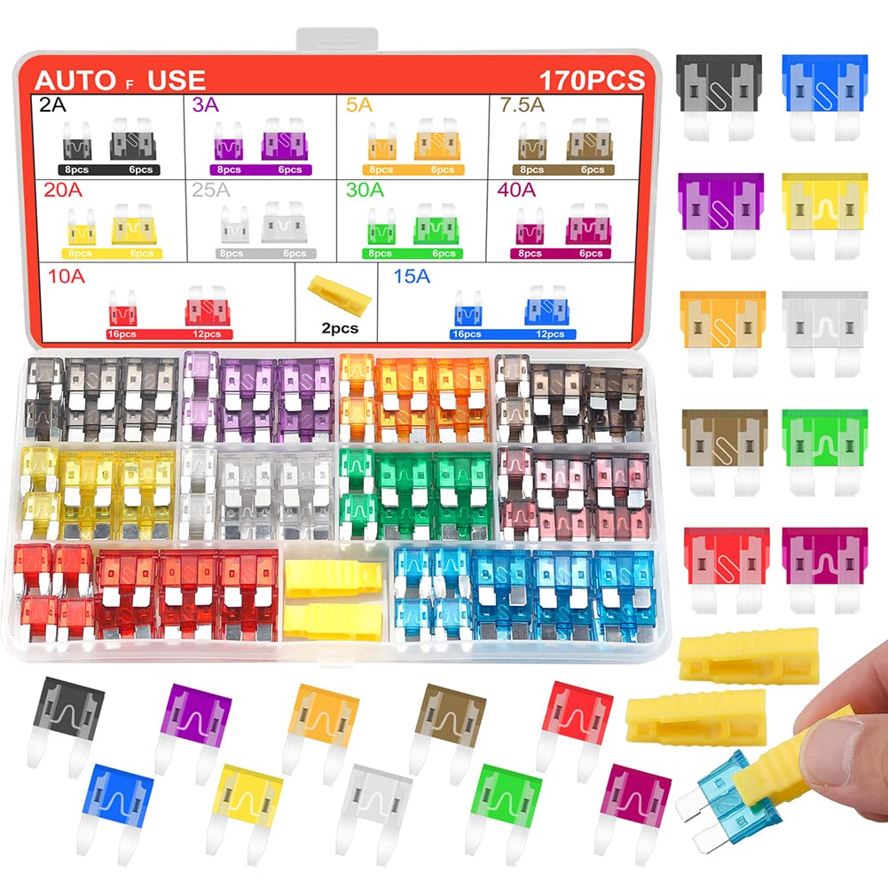 Fuses Car Fuses Assortment Kit,168Pcs Standard & Mini Sized Blade Fuse Kit (2A 3A 5A 7.5A 10A 15A 20A 25A 30A 40A) With Fuse Pul