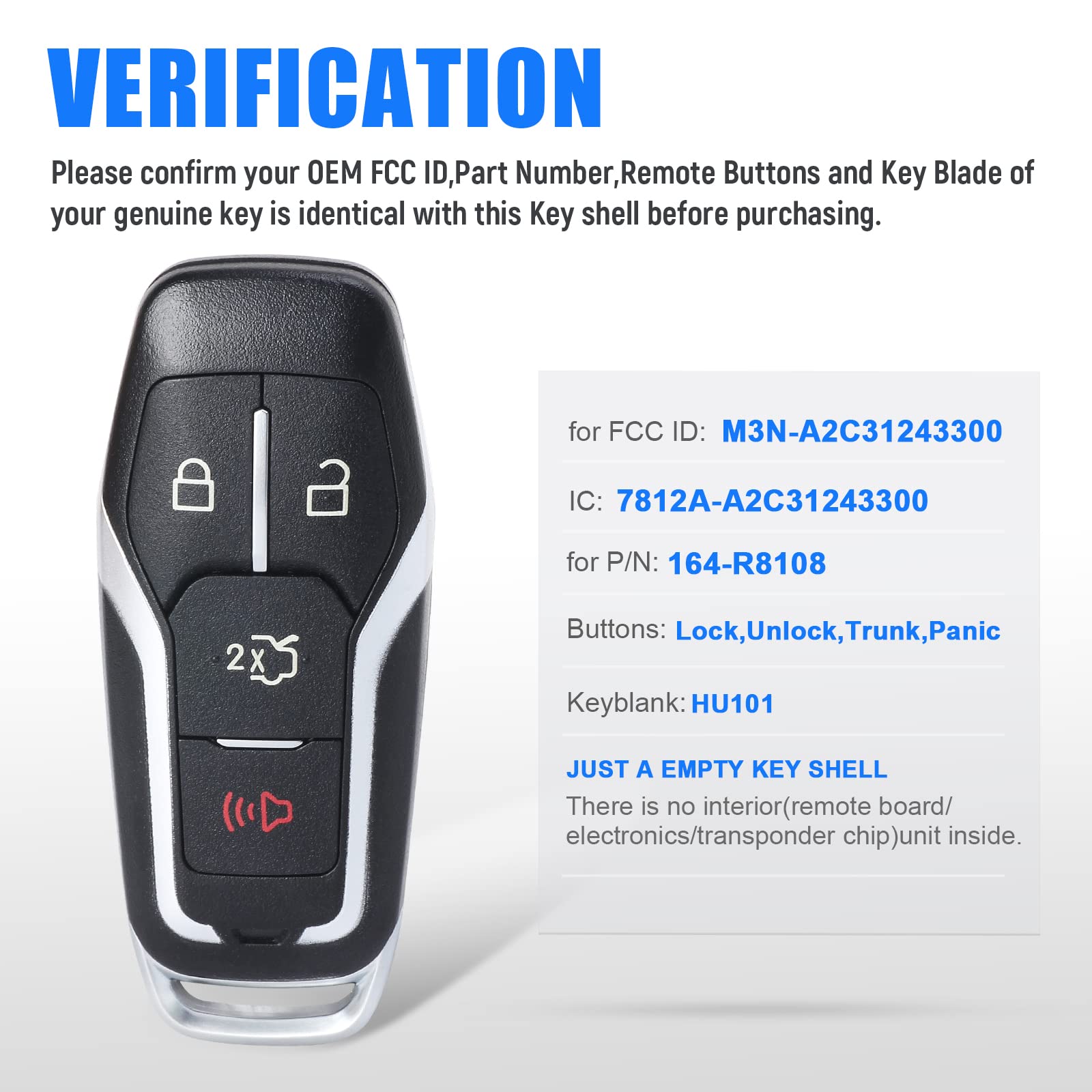 Keymall Remote Key Fob Case Shell Cover For Ford Edge/Explorer/Fusion/Mustang For Lincoln Mkc/Mkx(Fcc Id:M3N-A2C31243300 P/N:164