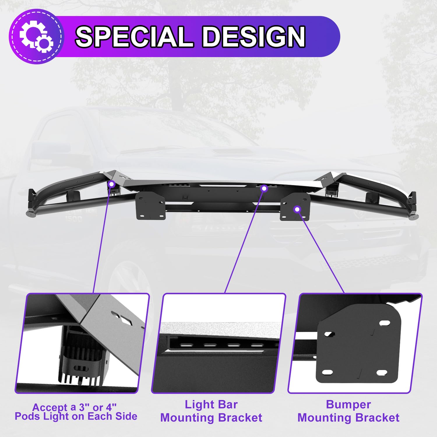 Nixon Offroad Heavy Duty Steel Front Bumper for 2013-2023 RAM 1500, LED Pod Lights, Style B, 2 PCS COMBO