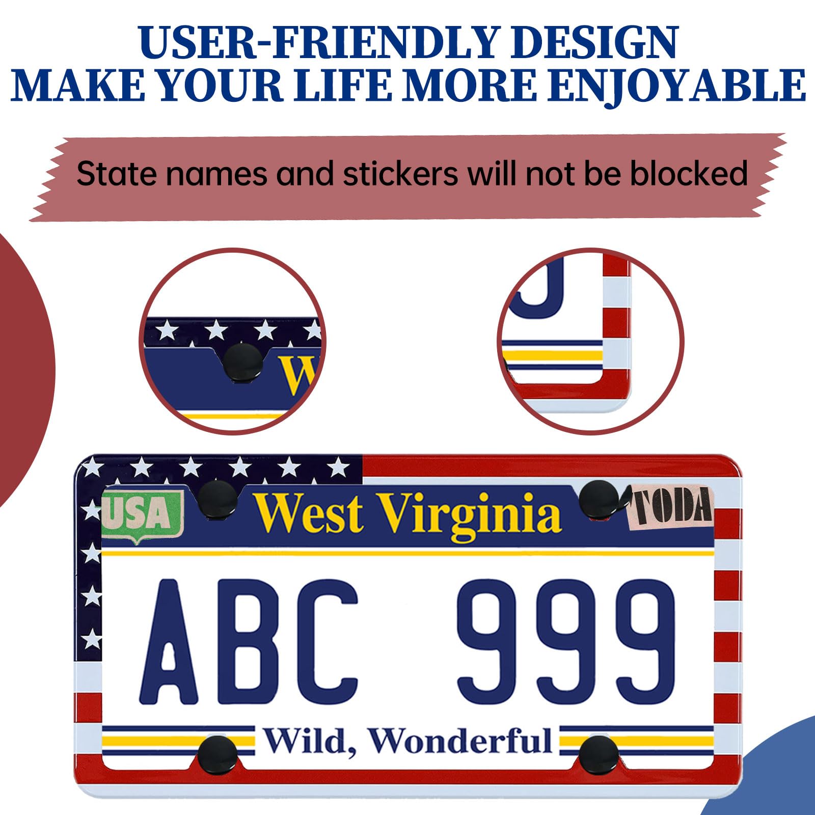 American Flag License Plate Frame - 2 Pack Classic Patriotic USA Flag Aluminum Metal License Plate Holder Covers, Rust-Proof Wat
