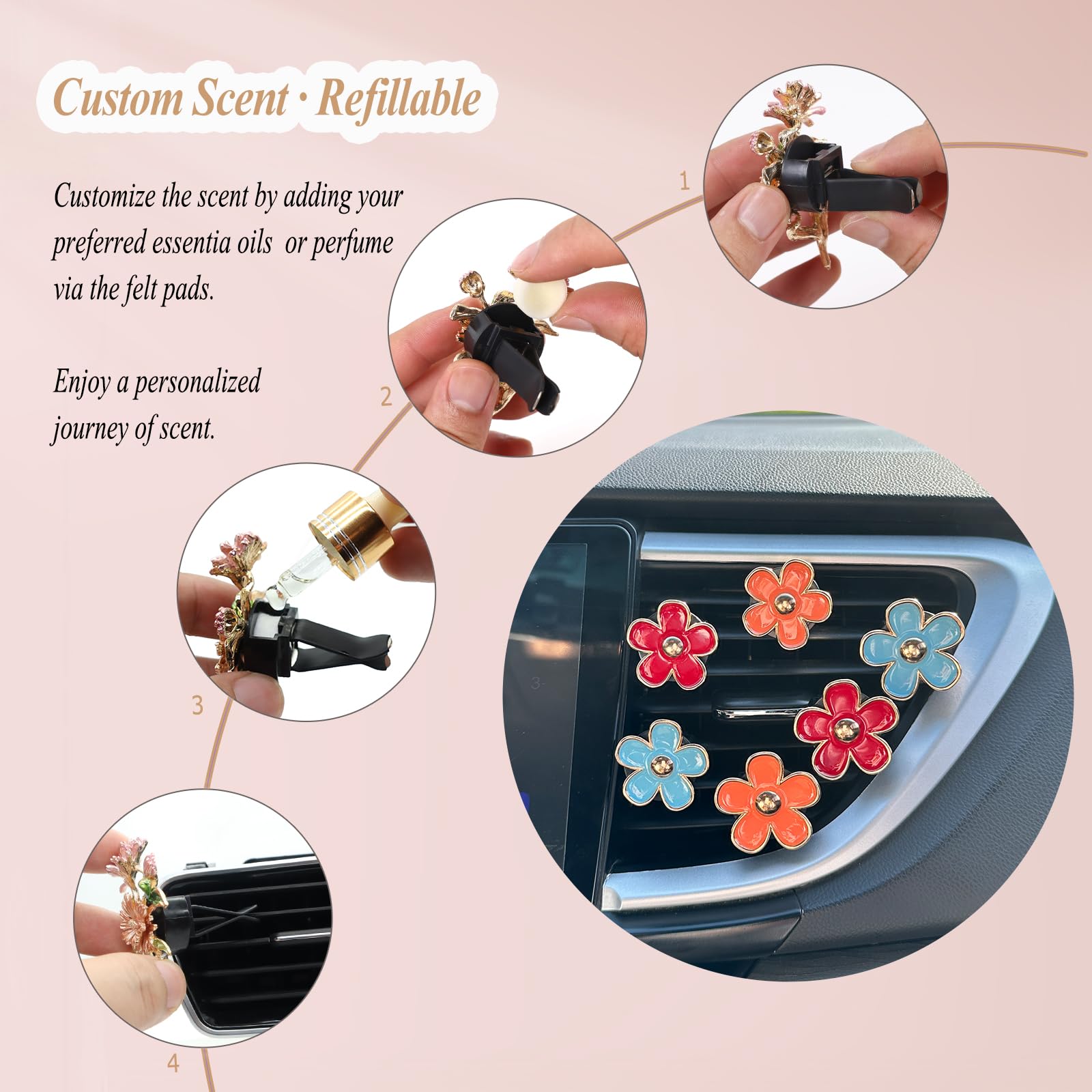 Oriesse 6Pcs Flower Air Vent Clips Car Air Freshener,Red Orange Blue Daisy Flowers Vent Clip Car Accessories For Women,Girly Car