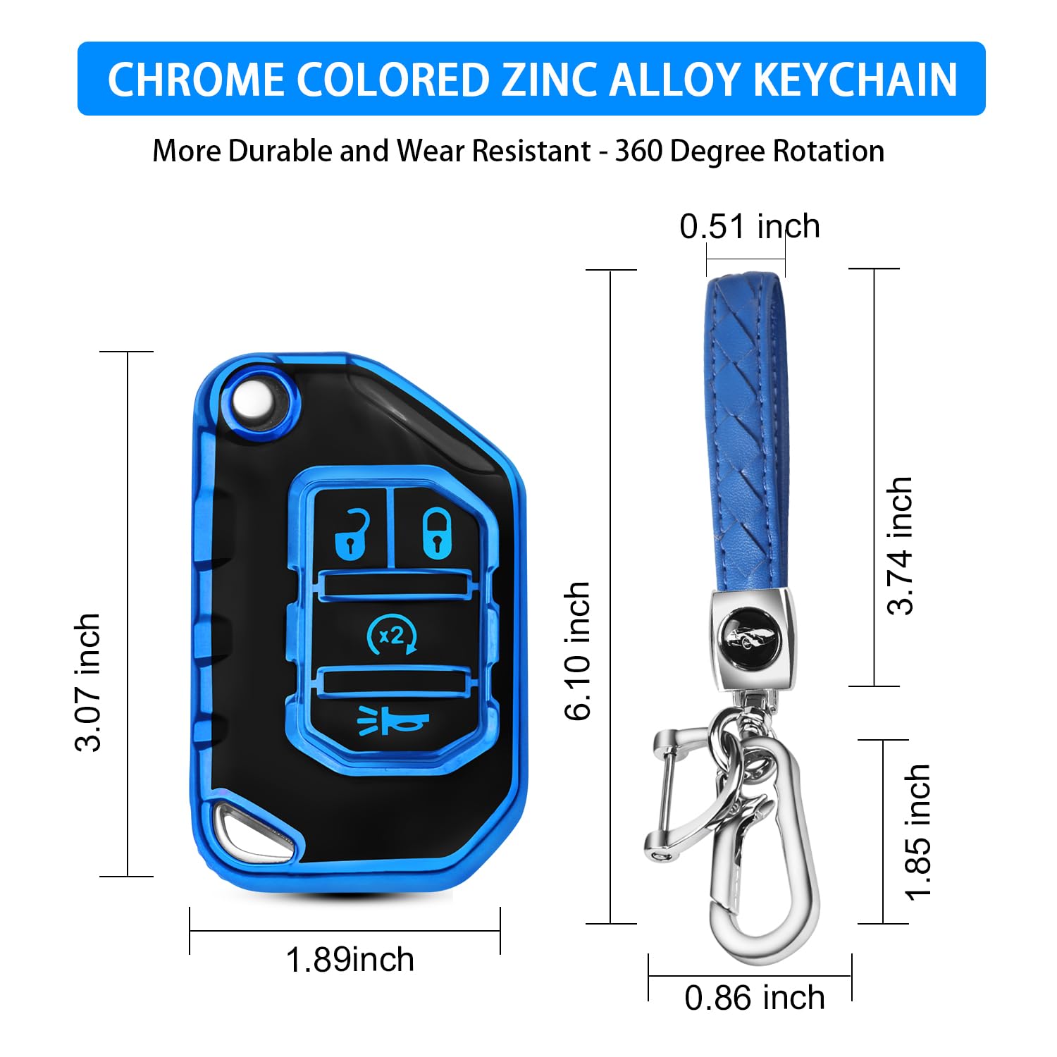 QBUC for Jeep Key Fob Cover with Keychain Compatible with Jeep Wrangler JLU JL Gladiator Rubicon JT Car Flip Key (blue)