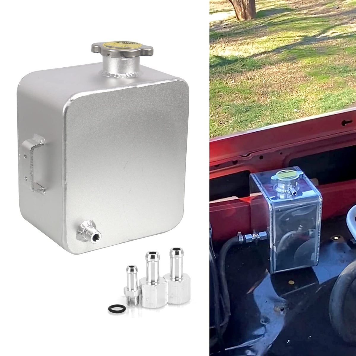RYANSTAR Universal 2L Water Coolant Expansion Overflow Water Tank Reservoir Complete Header kit Aluminium Alloy Silver (Polished