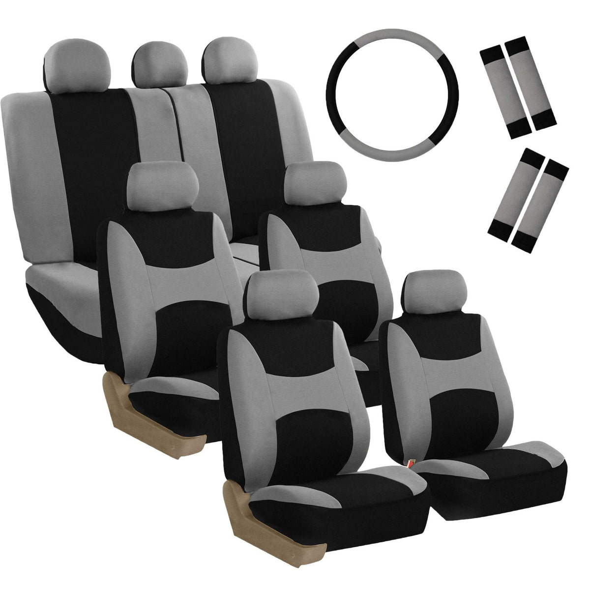 Fh Group Automotive Seat Covers Light & Breezy Flat Cloth  Three Row Set Gray Combo Steering Wheel Cover & Seat Belt Pads, Airba