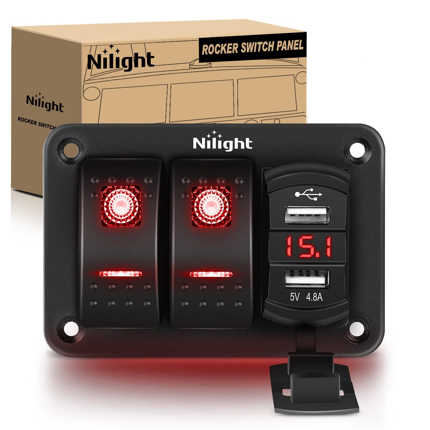 Nilight 2 Gang Rocker Switch Panel Red Backlit With 4.8 Amp Dual Usb Charger Voltmeter Waterproof 12V 24V Dc Night Glow Stickers