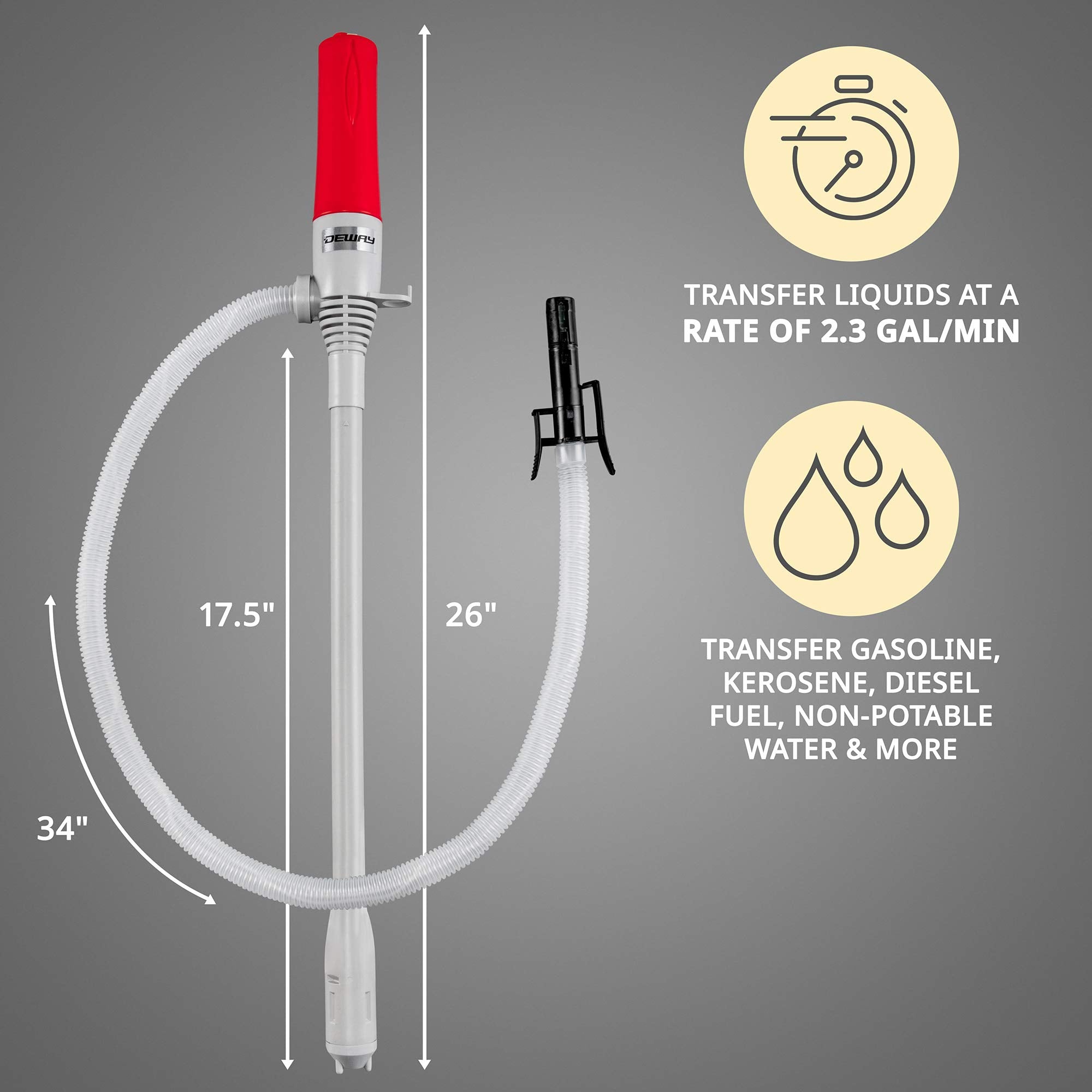 Deway Automatic Fuel Transfer Pump With Auto-Stop & Beep, 3X More Powerful D Battery Powered, Extra Long Hose, Portable Liquid P