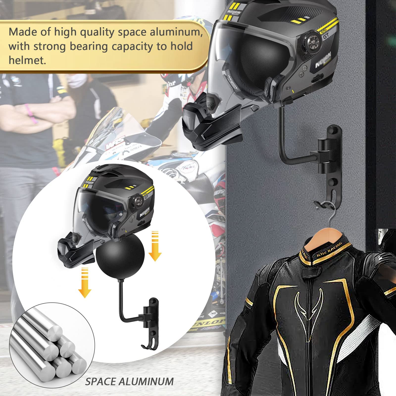 Motorcycle Helmet Rack Wall Mount With 180 Degree Rotation And 2 Hooks - Metal Helmet Holder Display Stand, Black, 6 Pcs