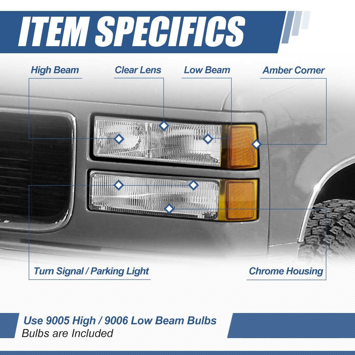 Auto Dynasty Headlights Assembly Compatible With 1994-1998 Chevy C10 Silverado Tahoe Suburban C/K 1500 2500 3500 Blazer, 8Pcs Co